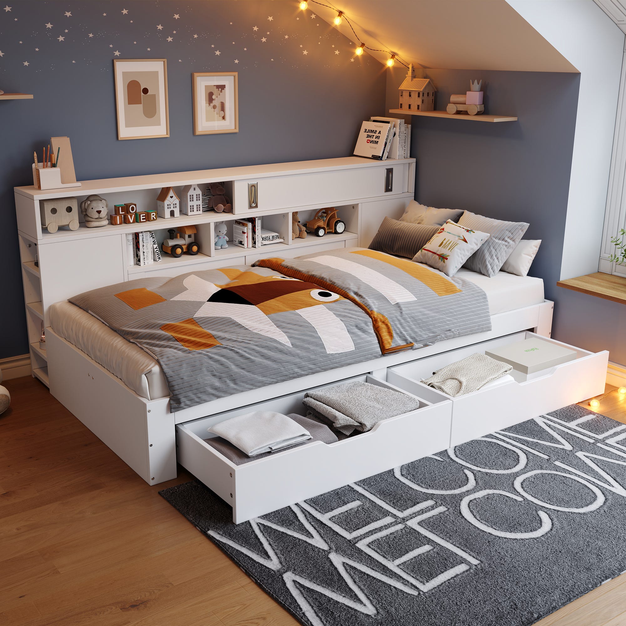 Cama individual infantil 135x190 cm con 2 cajones, estante, armario ...
