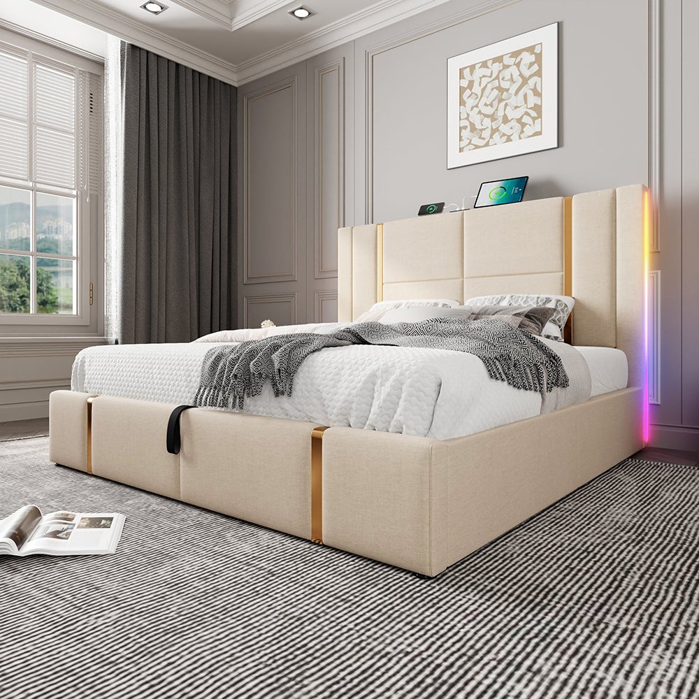 Lit Coffre Double 160x200 Avec Rangement Intégré Et Tiroirs - Design Moderne Avec USB, LEDs Et Tête De Lit Rembourrée - Sans Matelas, Couleur Chêne Clair Et Blanc