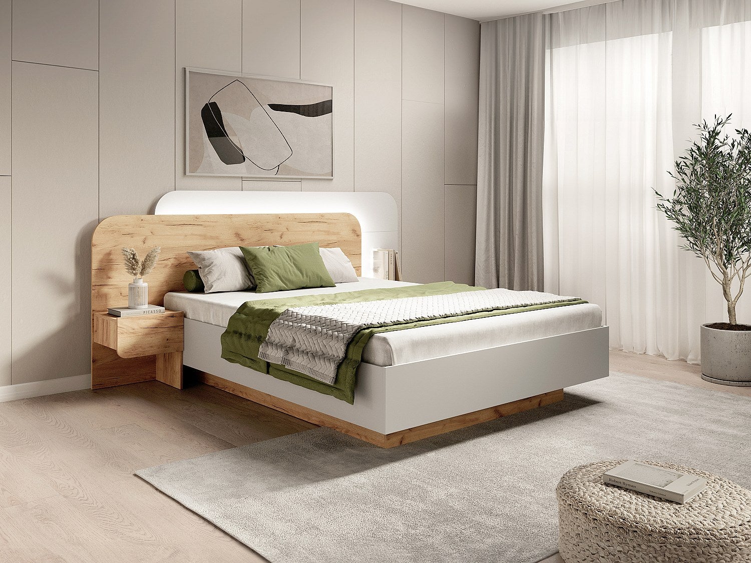 Łóżko ze skrzynią i szafkami nocnymi 160 x 200 cm - Z oświetleniem LED - Naturalny i biały + Materac - DESADO