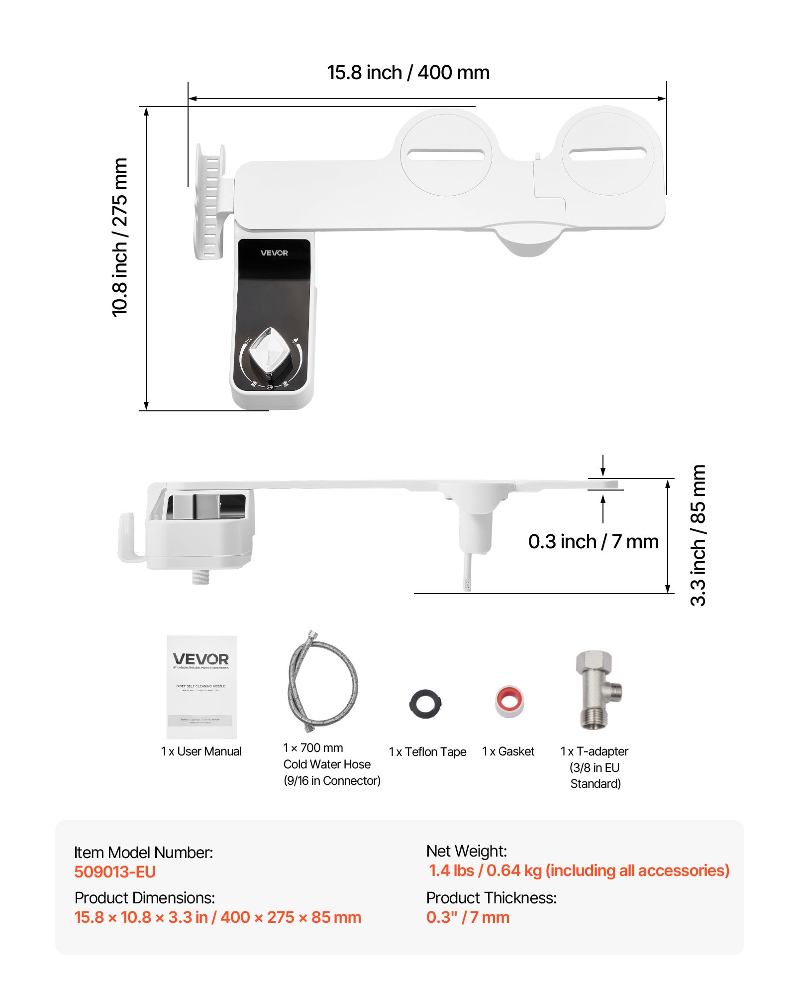 Pulvérisateur Bidet VEVOR Non Électrique, Accessoire pour Bidet Toilette Ultra Fin de 7 mm, Pression d'Eau Réglable, Doubles Buses Rétractables - 7