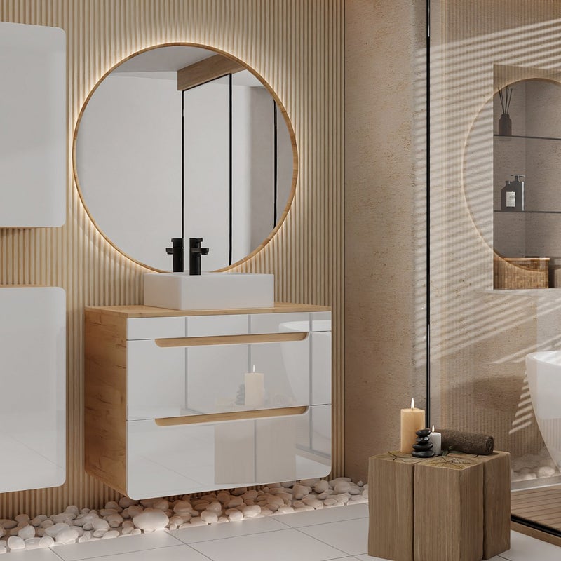 Szafka łazienkowa wisząca z umywalką nablatową i dwoma słupkami - Naturalny i biały - 80 cm - ARUBA