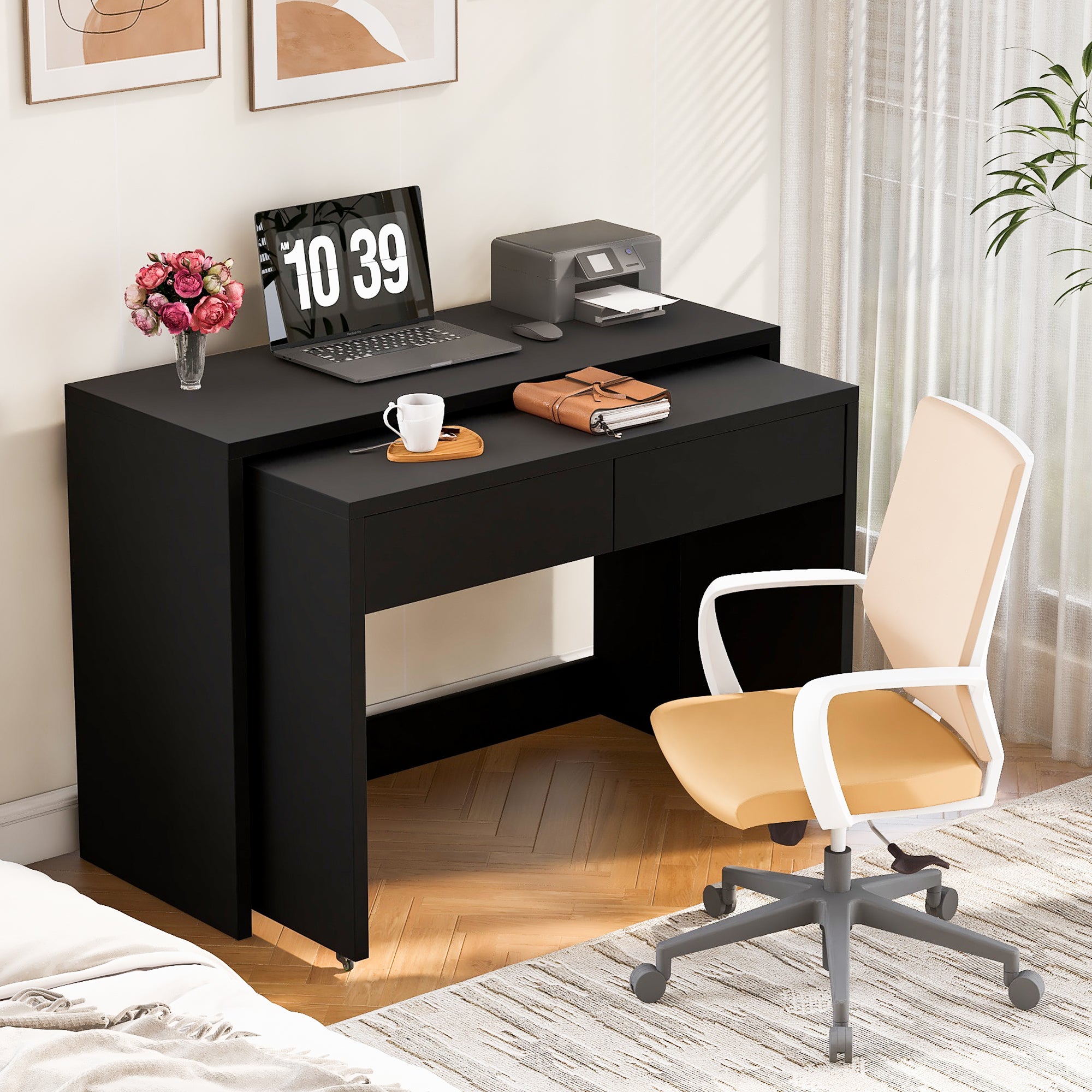Składane biurko 110 x 40 x 78 cm - Biurko + szafka z szufladami - Kółka - Solidny blat - Płyta wiórowa - Czarna