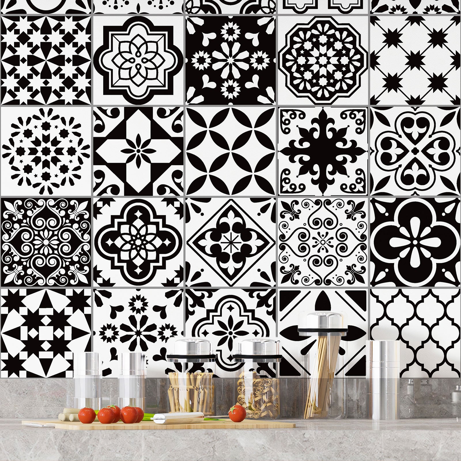 Crédence adhésive sticker décoratif pour cuisine - Effet carreaux de ciment - Adhésif + Protection BRILLANTE - 60x60 cm - 4