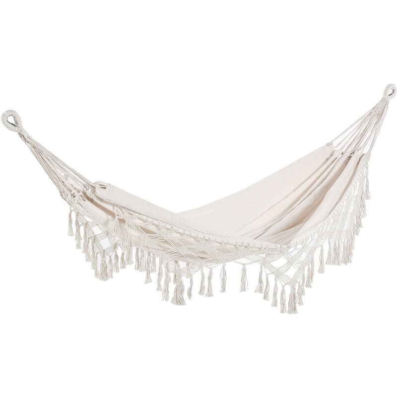 Przenośny hamak podróżny w stylu boho z frędzlami, wymiary całkowite 200 x 150 cm, beżowy