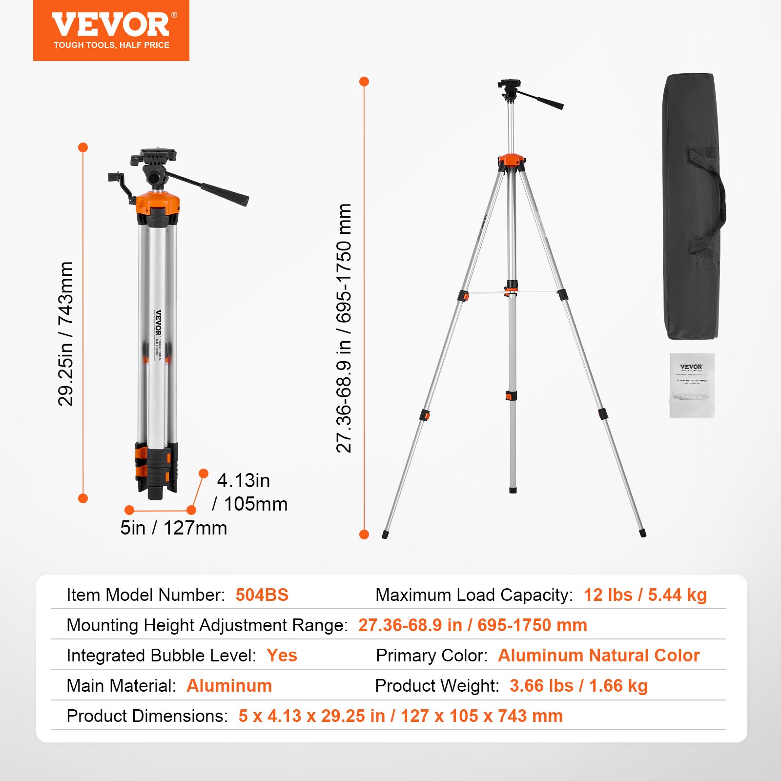 Trépied de niveau laser,support fileté VEVOR 1/4 x 20,réglage de la hauteur de 27,36
