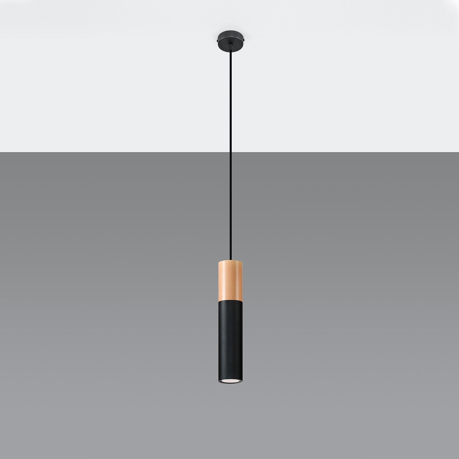 Lampa sufitowa wisząca Pablo czarna-naturalne drewno 1xGU10x12W tuba wym: 100 x 8 x 8 cm aluminium Sollux Lighting
