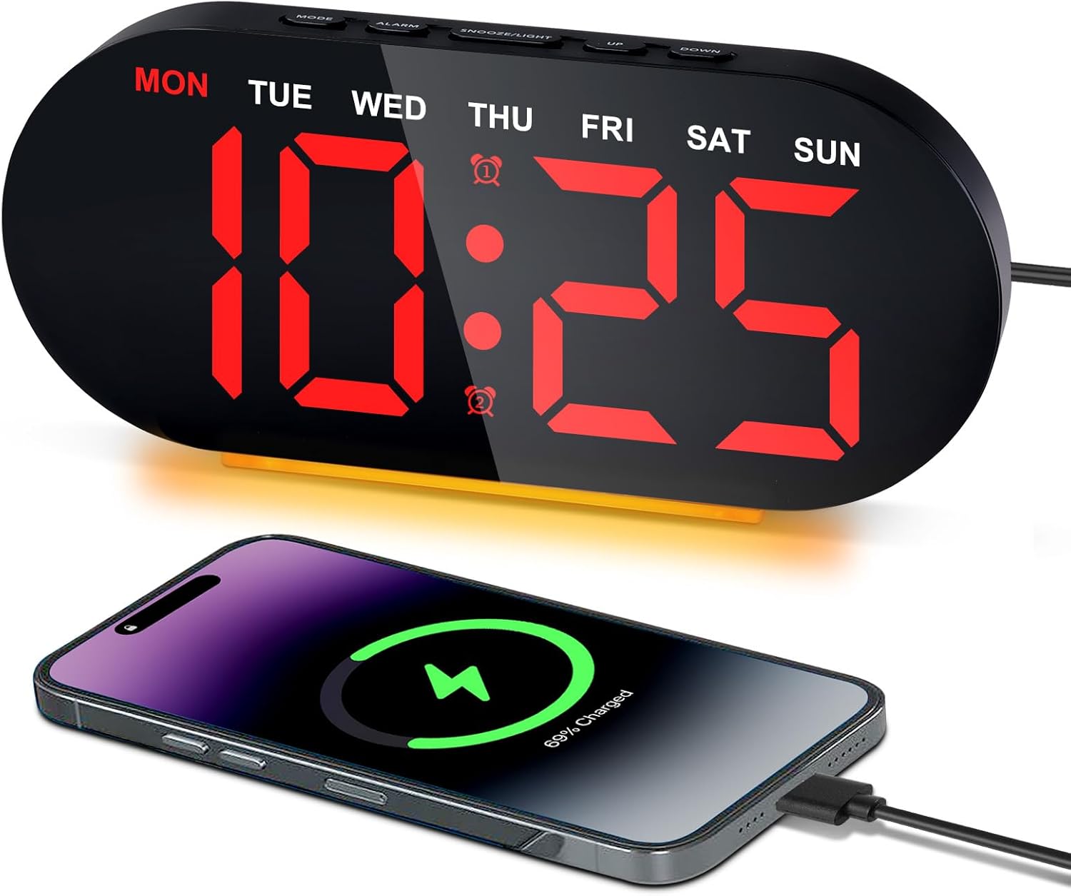 Cyfrowy budzik z lampką nocną, 7 cali, 3 poziomy ściemniania, funkcja drzemki, ładowanie przez USB, data, temperatura, podwójny alarm (czerwony)