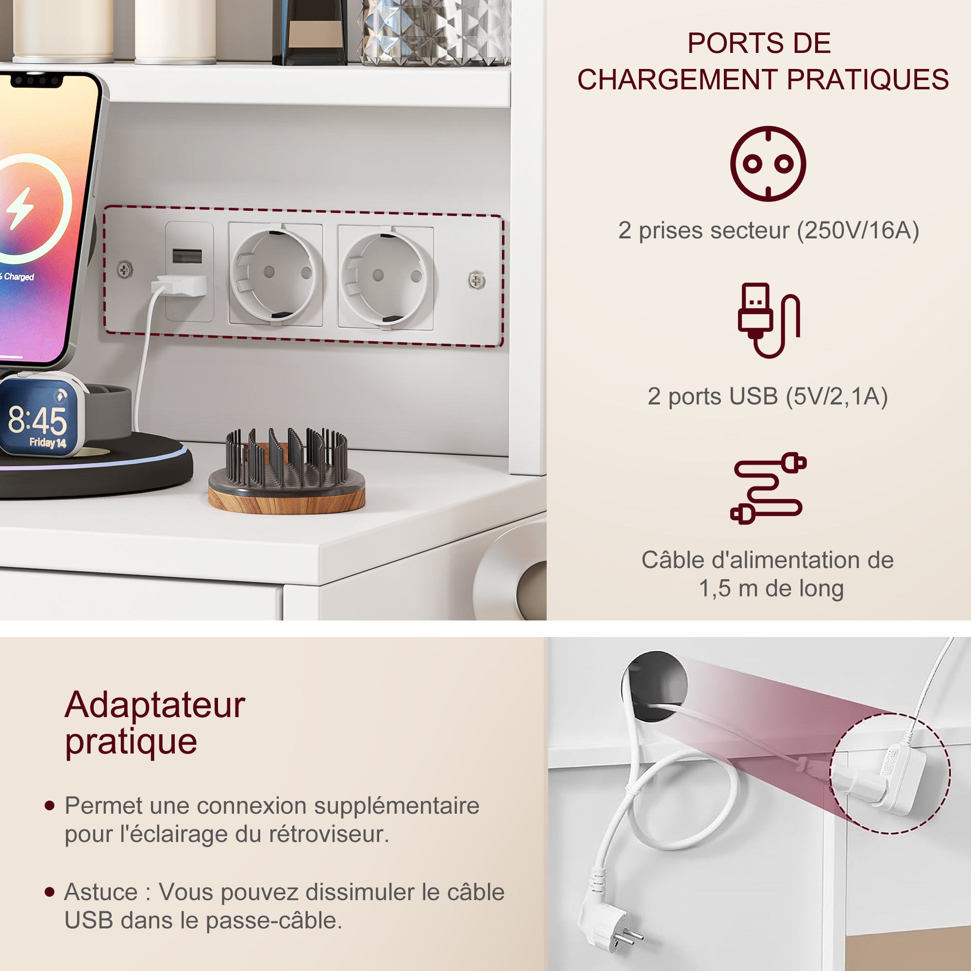 Coiffeuse, grand miroir de maquillage LED multicolore, station de recharge, tabouret inclus, 5 tiroirs avec poignées, étagères réglables - blanche - 4