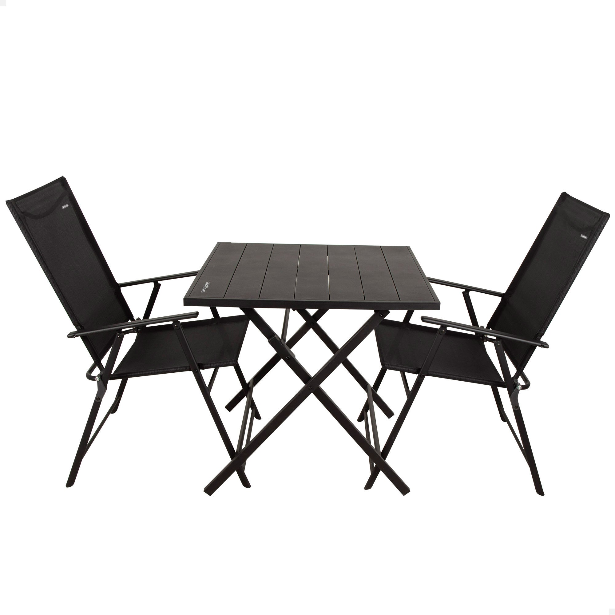 Aktive conjunto plegable de jardín con mesa (75x75x70 cm) y 2 sillas (47x64x95 cm) de acero negro y textileno
