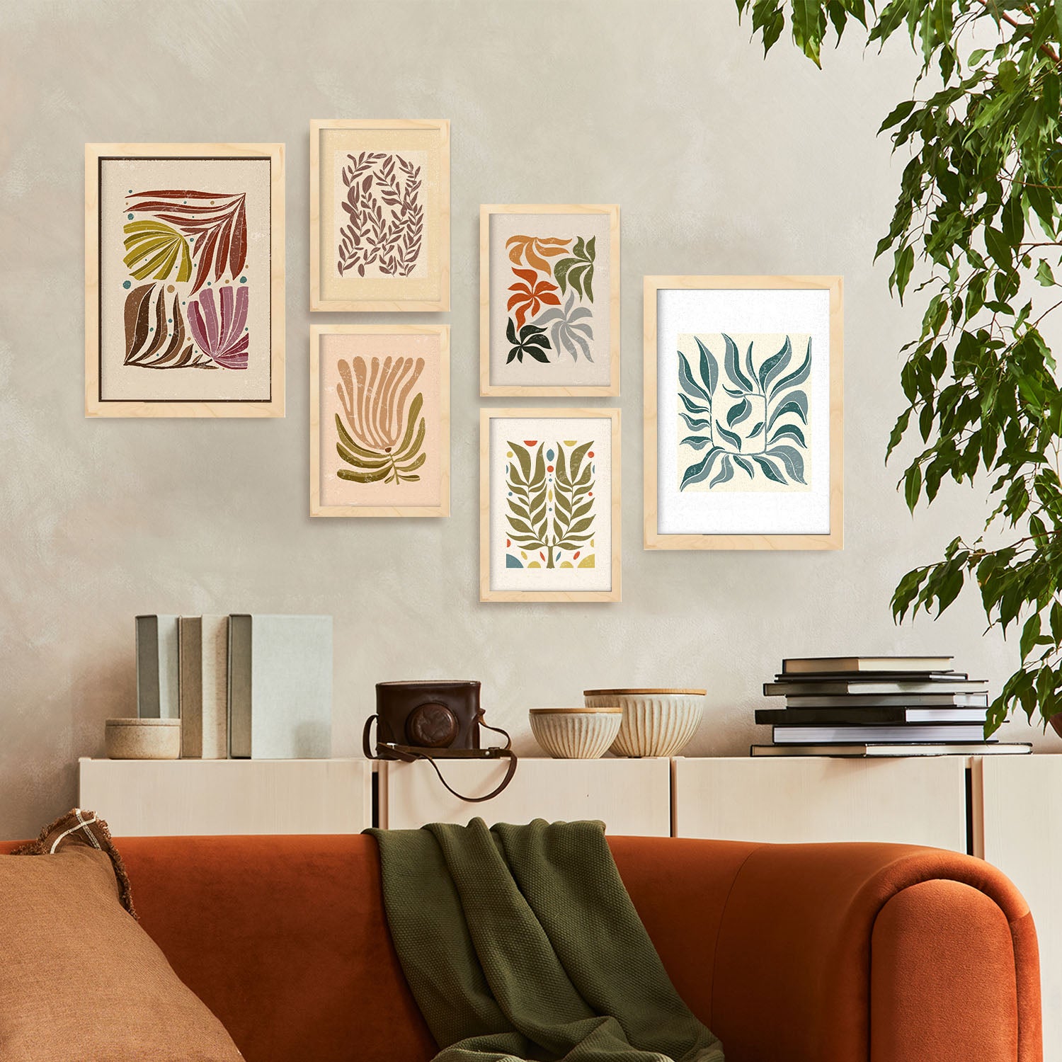 Nacnic Ensemble 6 Impressions De Feuilles Dans De Style Ethnique Cadre Décoratifs Pour Votre Chambre Impression A4 A3 Avec Des Cadre De Bois Léger - 5