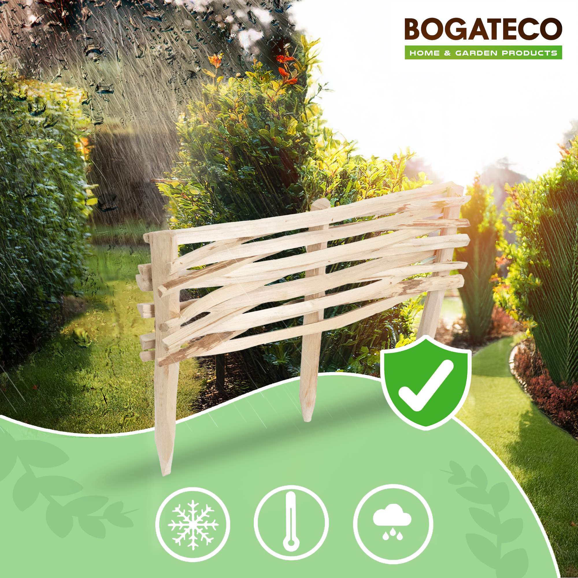 BOGATECO Lot de 3 Bordures de Jardin en Noisetier Naturel - Longueur 60 cm - Hauteur 20 cm - Clôture à Planter - Support de Parterre en Bois - 4