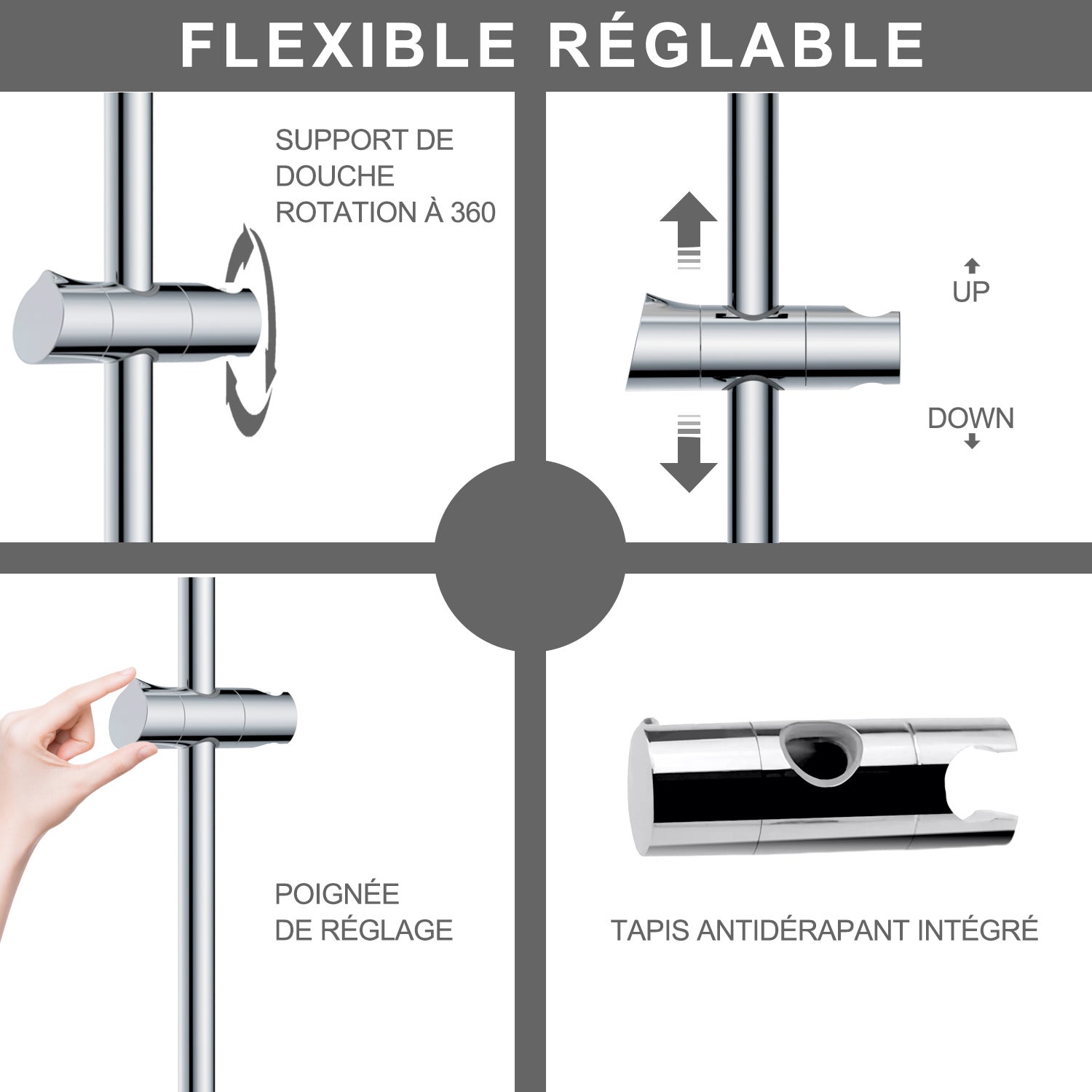 Barre de douche Chromé 70cm, Barre de douche en acier inoxydable avec Support de pommeau de douche pivotant à 360° - Fixations murales ajustables - 3