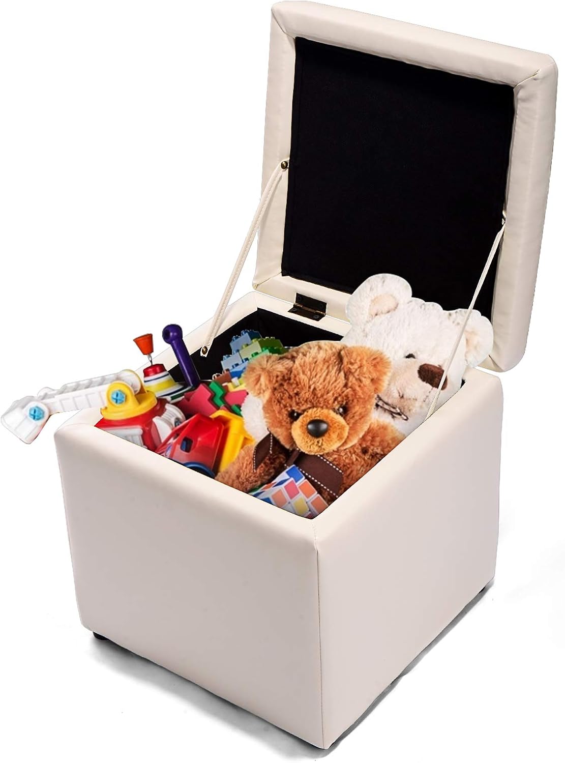 Taboret-Puf z Pojemnikiem do Przechowywania z Drewna i Skóry PU, 40 x 40 x 40 cm, Nośność 150 kg, Ławka na Buty z Miejscem do Przechowywania, Biały