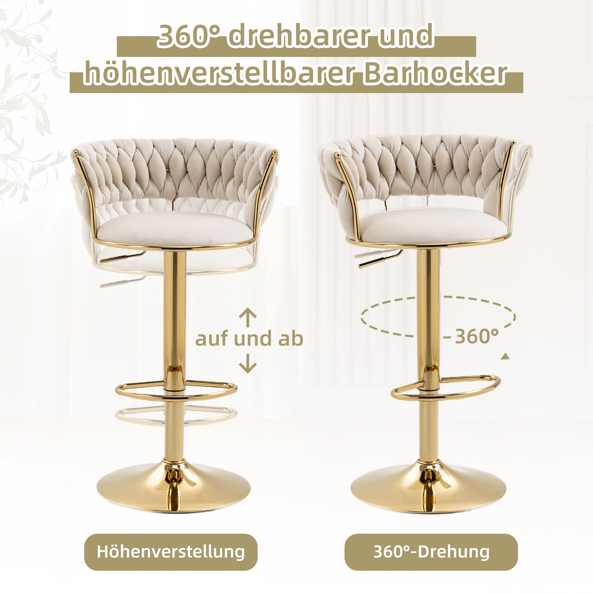 Zestaw 2 regulowanych i obrotowych krzeseł barowych z podłokietnikami - 54 x 46 x 78-97 cm - Aksamit - Kość słoniowa - 3