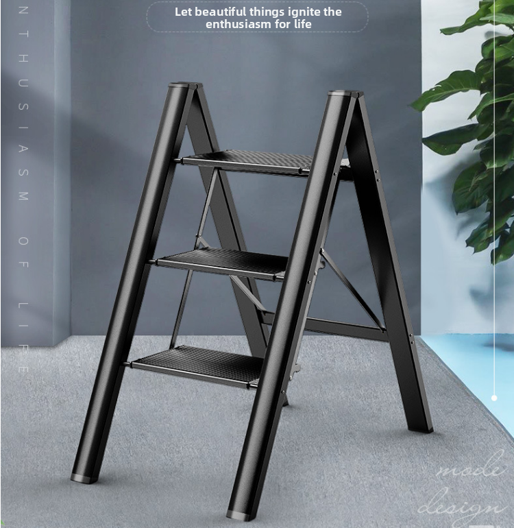 Escabeau escamotable à 3 marches, marchepieds antidérapants plus larges et améliorés, esabeau portable, supporte jusqu'à 150 kg (noir) - 2
