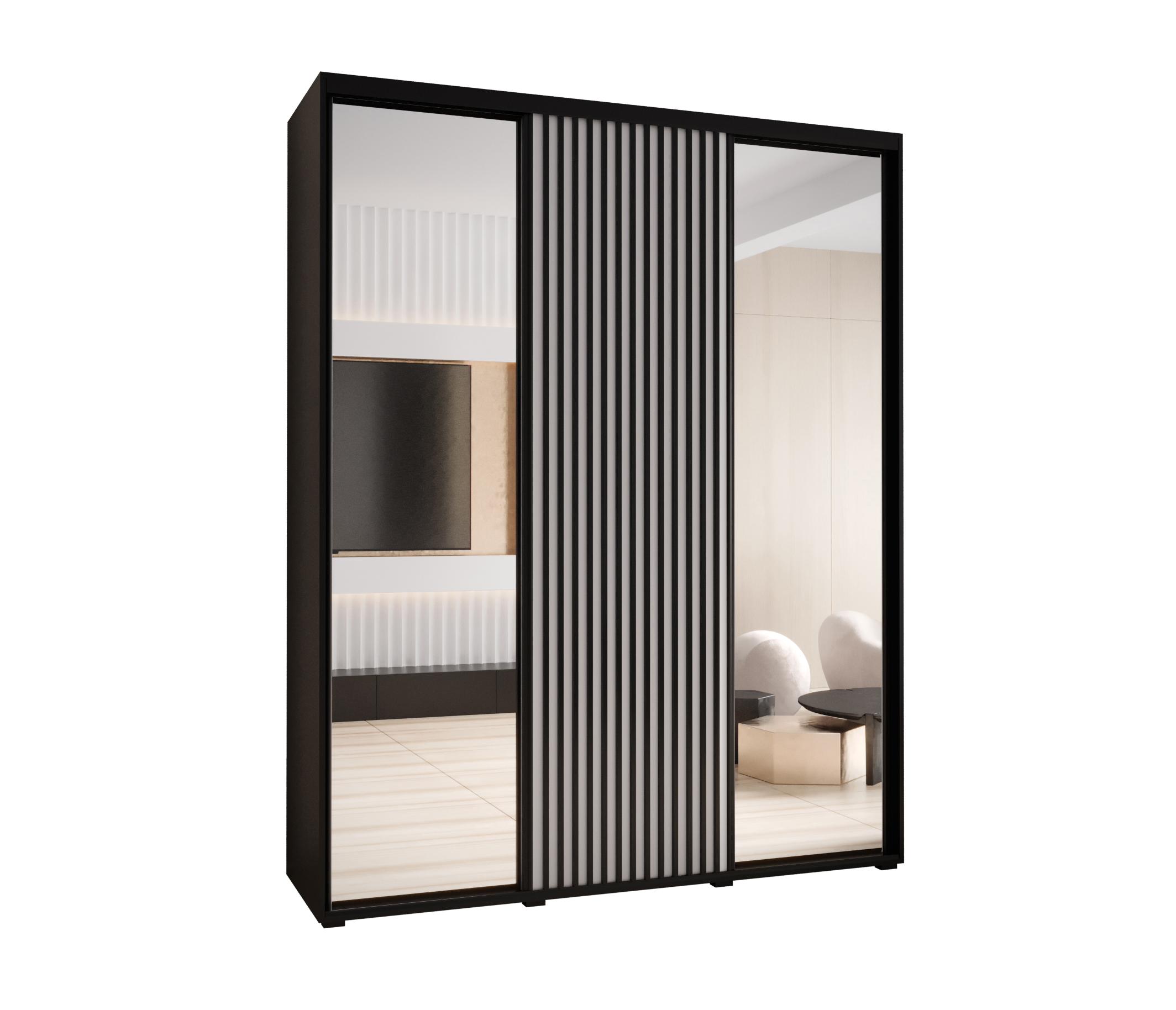 Szafa przesuwna z lustrem wysoka Lanko 2 190 x 60 x 235,2 cm czarny + biały + lamele czarny - Abiks Meble