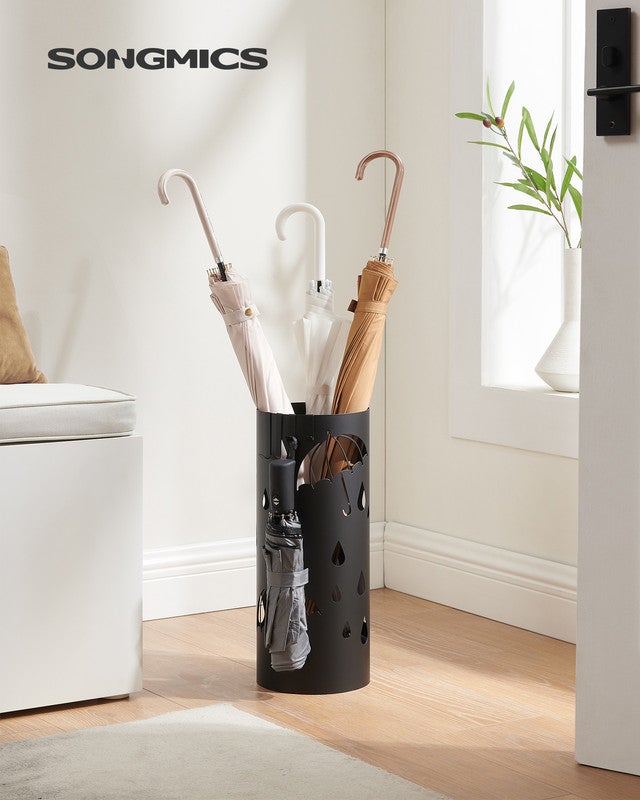 Porte-parapluie Design, Rond, en Métal, avec 4 Crochets, Bac de Récupération d'Eau Amovible, 17 x 41 cm (Ø x H), pour Entrée, Couloir, Noir - 2