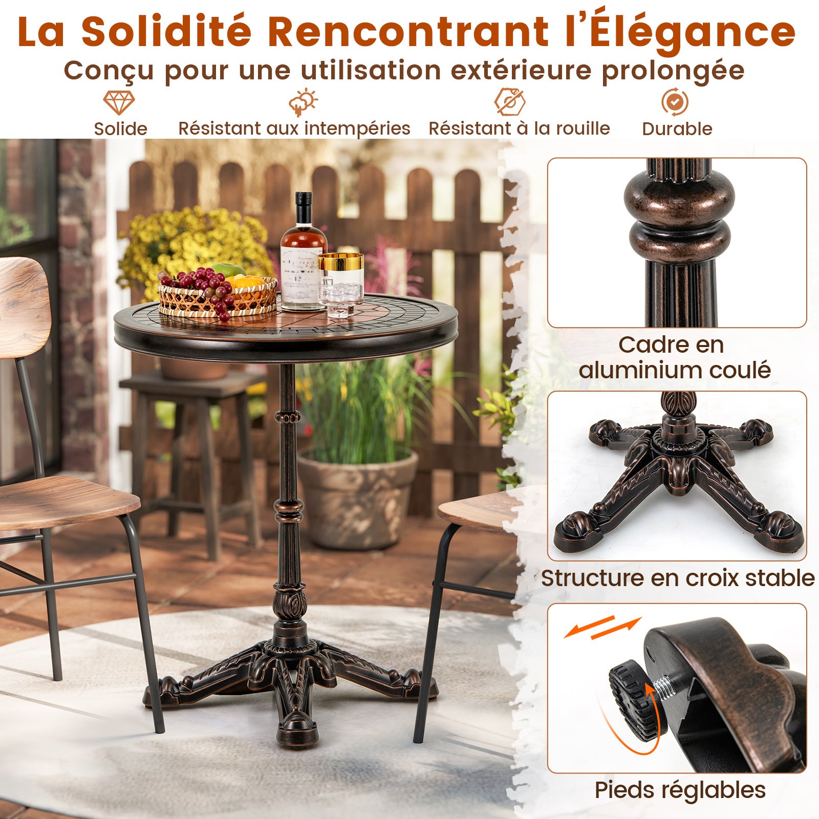 Table de Jardin Ronde de 60,5 cm, Table en Aluminium Coulé Résistante aux Intempéries avec Texture Sculptée et Plateau Peint, Bronze - 3