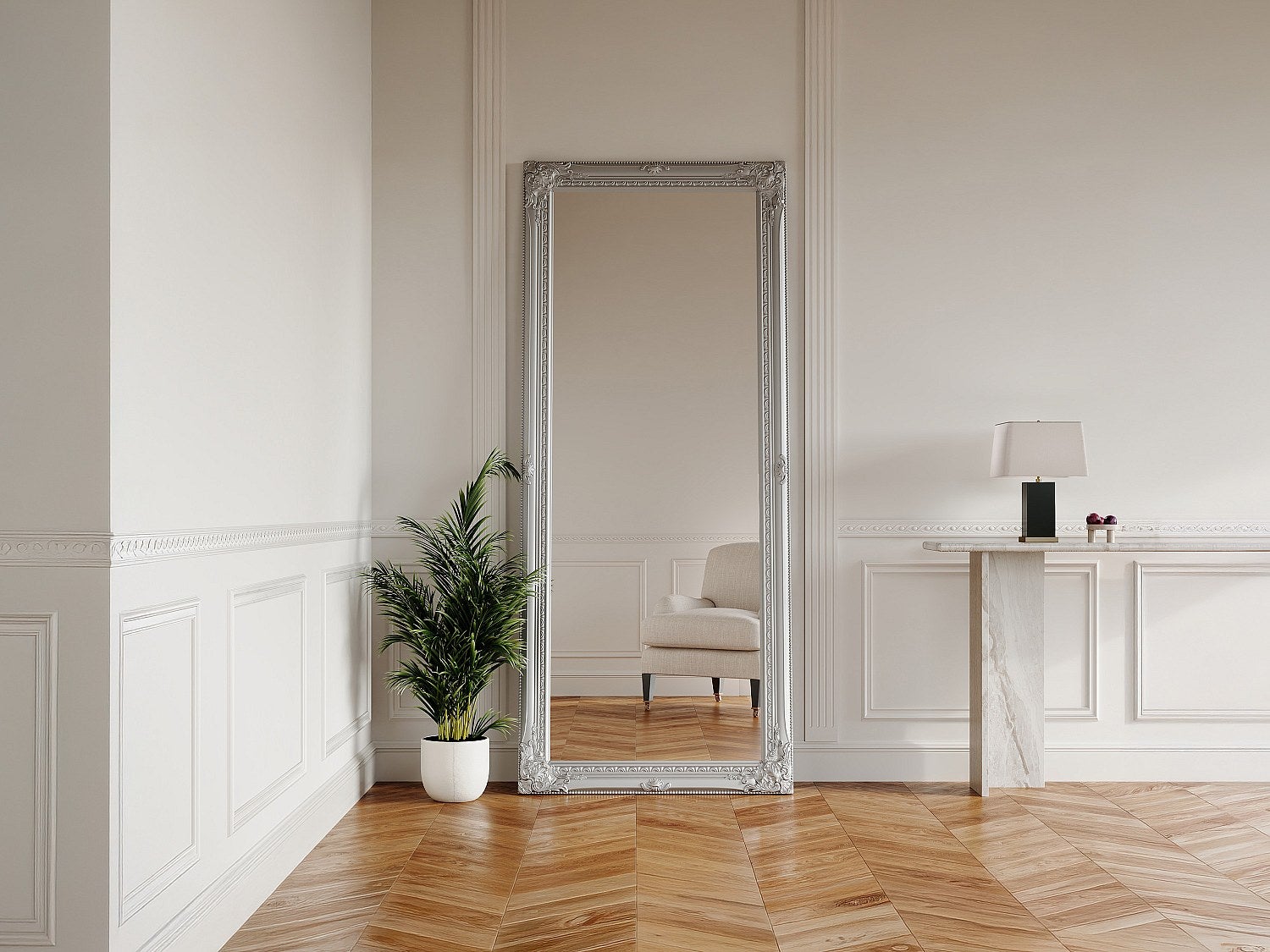 Duże lustro z listwami ELVIRE - drewno eukaliptusowe - 80 x 190 cm - Srebrne