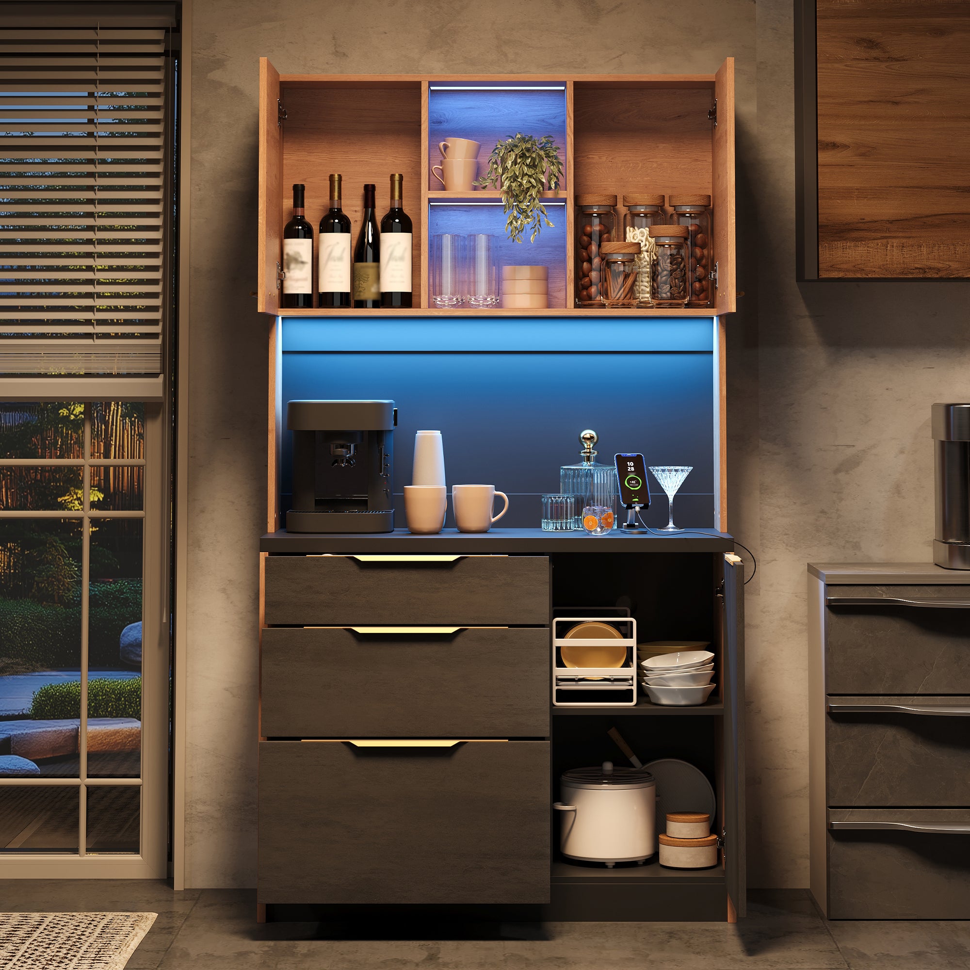 Kredens kuchenny z 3 drzwiami, 3 szufladami i blatem roboczym - 100 x 40 x 180 cm - MDF - Regulowane diody LED - do kuchni, jadalni - Naturalny