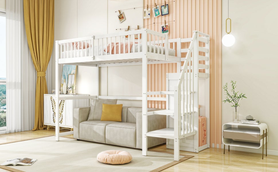 Lit mezzanine 90x200 avec escalier, lit enfant en bois blanc avec étagère de rangement, armoire simple - 5