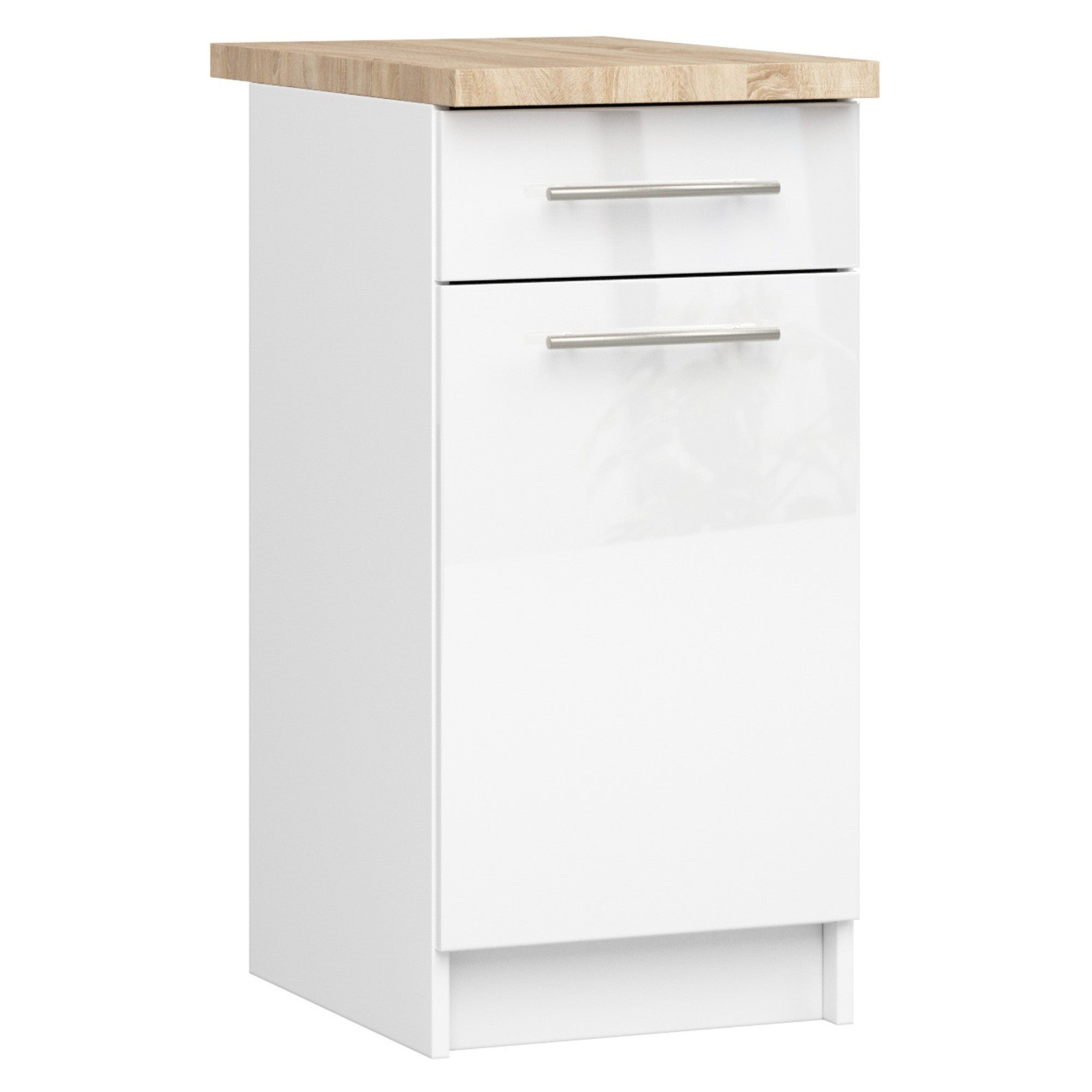 Szafka kuchenna na nóżkach: 1 szuflada, 1 drzwi, 2 półki, kolor biały|biały połysk, szer.: 40 cm, wys.: 85 cm, gł.: 46 cm.