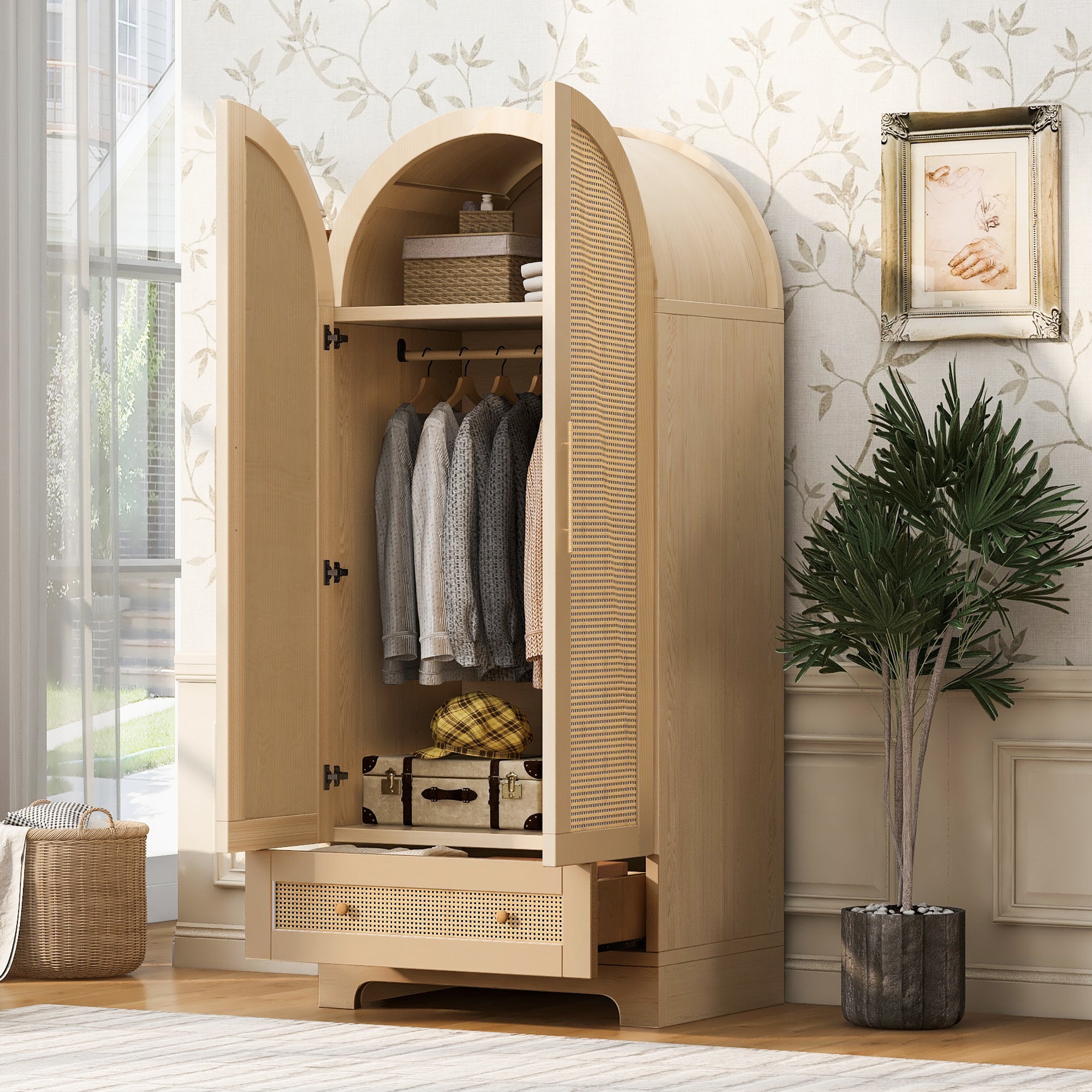 Dulap cu 2 uși cu efect de ratan și 1 sertar - Lemn, metal, placaj și MDF - 70 x 55 x 170 cm - Lemn natural