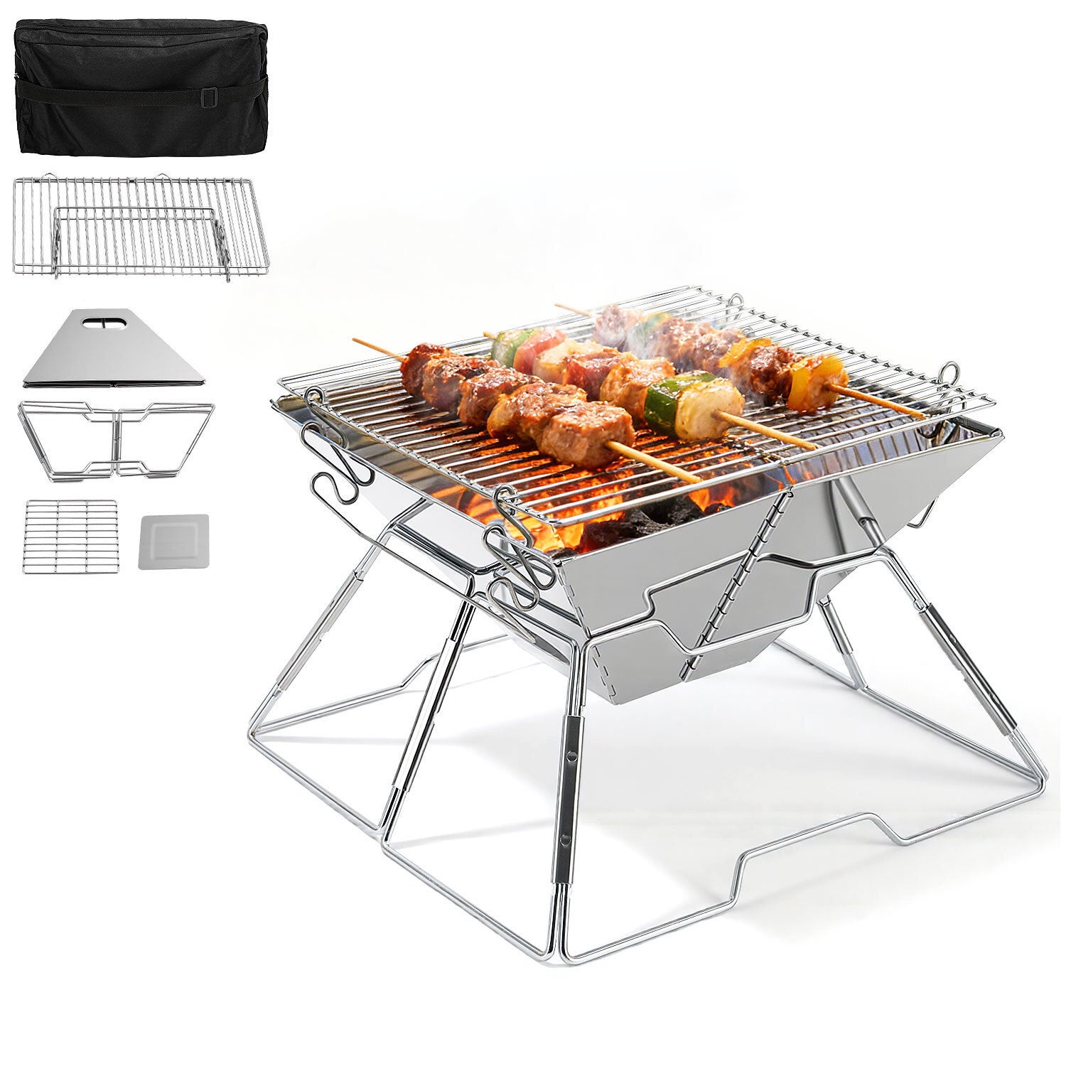 Składany, przenośny i demontowalny grill kempingowy Z żelaznym pudełkiem i torbą 31 x 31 x 21 cm Składany, kompaktowy grill ze stali nierdzewnej