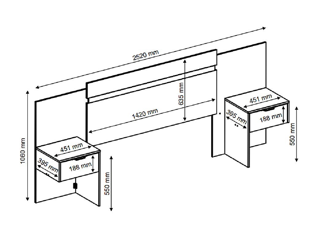 Cabeceira de cama extensível com mesas de cabeceira 140/160 cm cor natural e preto - PARATI - 3