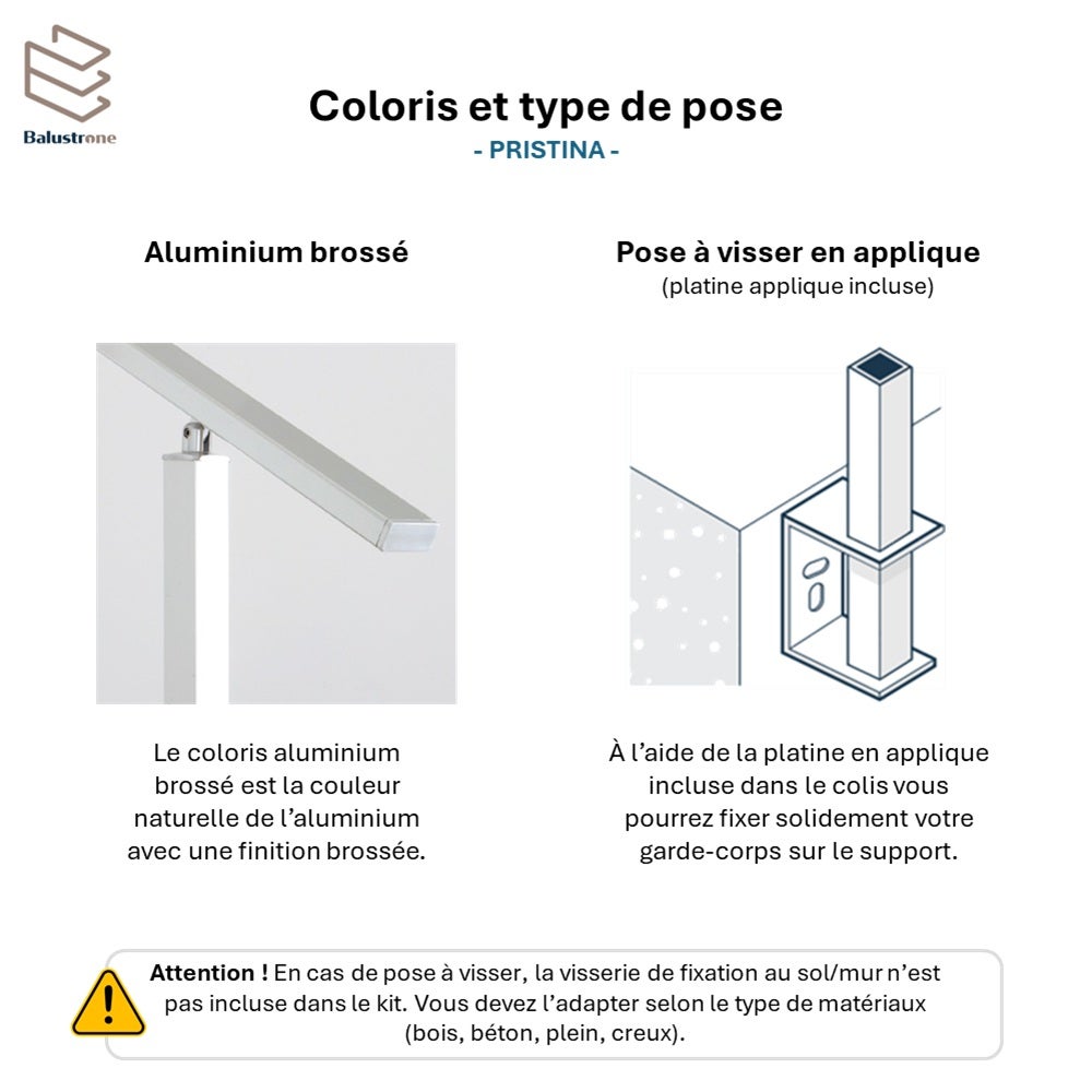 Garde-corps aluminium gris foncé, 1m pose en applique, intérieur et extérieur, PRISTINA 5 lisses, en kit - 3