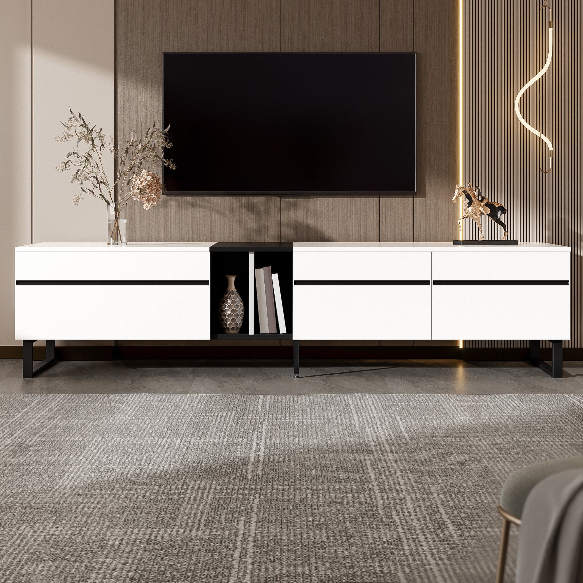 Stolik pod TV z 3 drzwiami i 2 półkami - 180 x 38 x 45 cm - Płyta wiórowa - Biały - 3