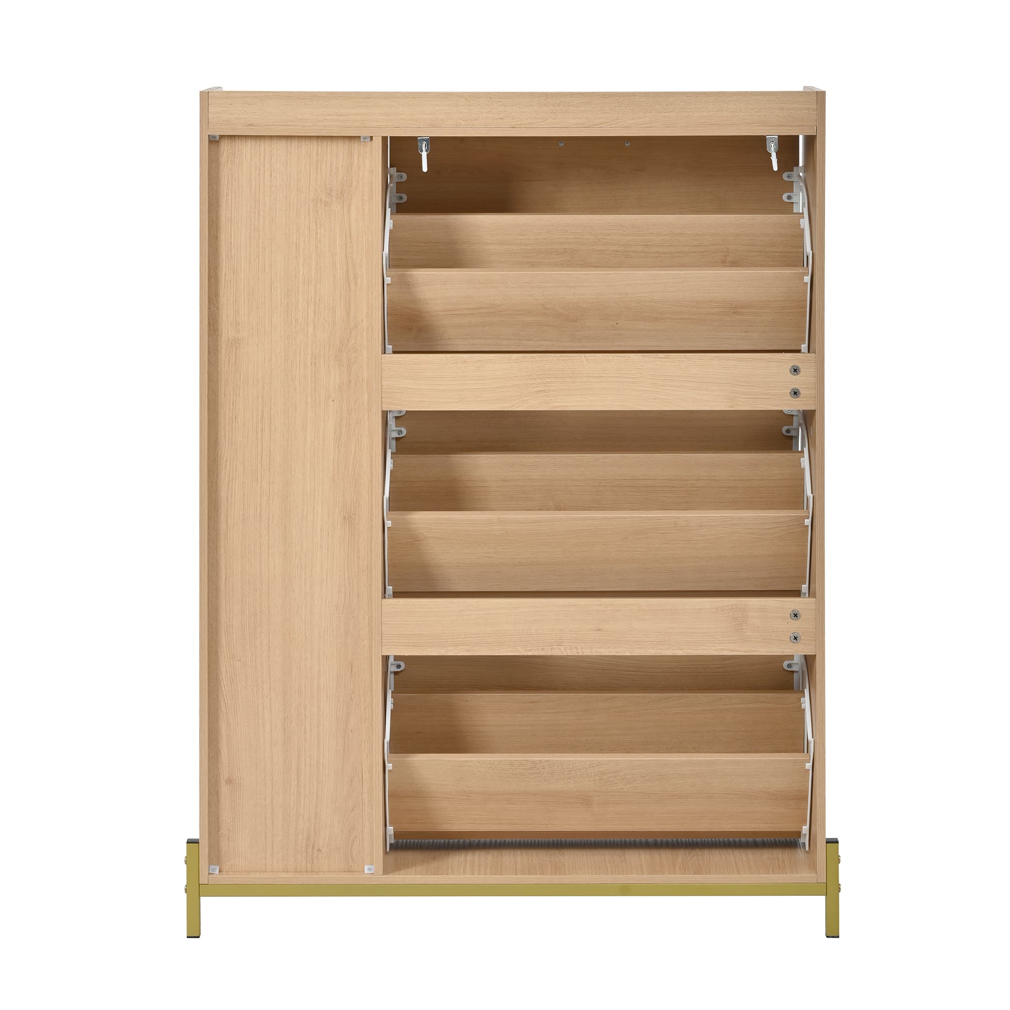 Armoire à Chaussures Nordique Aspect Chêne, Meuble d’Entrée Mince 3 Portes, Couvercle Rabattable & Étagères Latérales, Grande Capacité - 6
