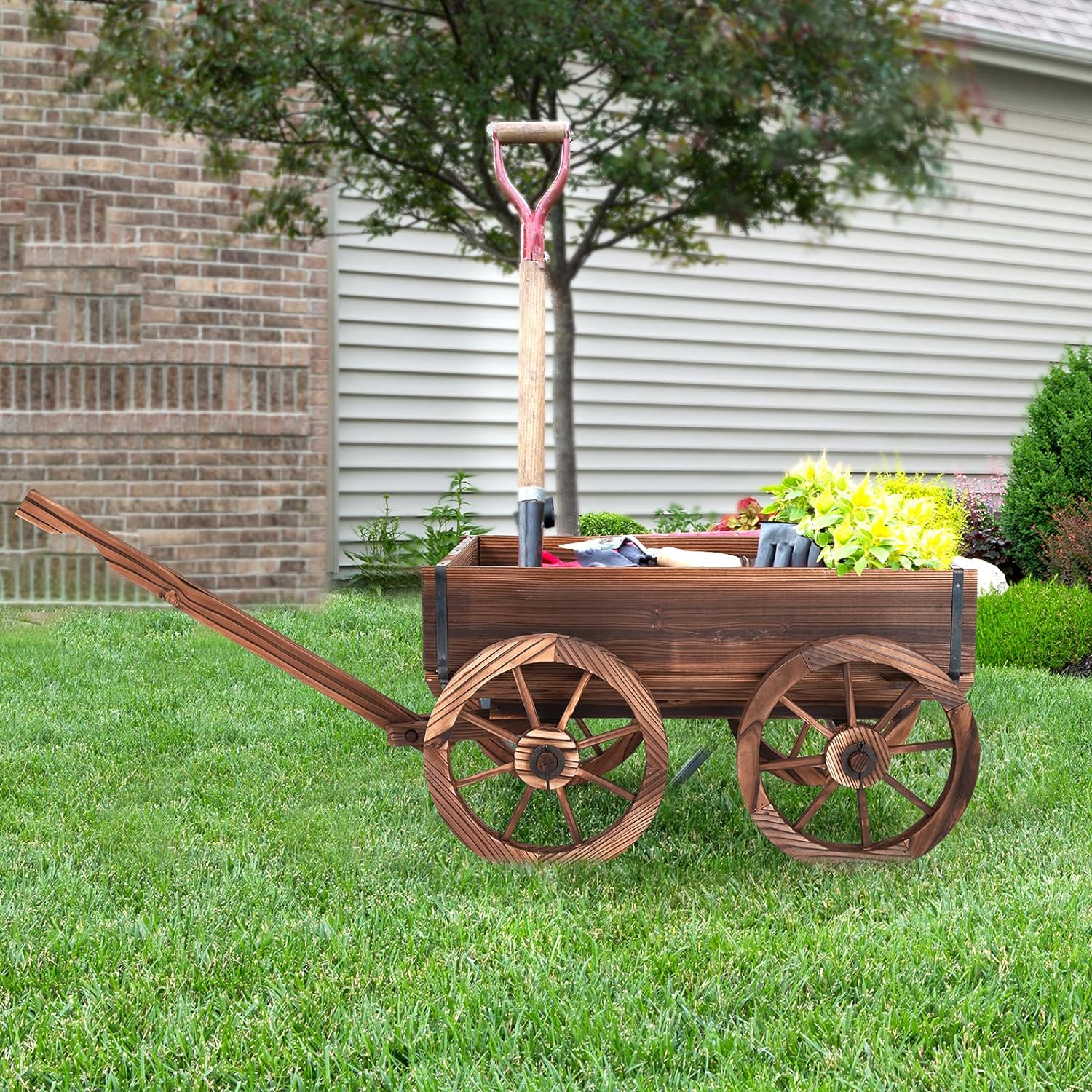Jardinière en Bois de Sapin Brûlé 120 x 43 x 53 CM, Forme Brouette avec Poignée Reglable & 4 Roues & Trou de Drainage, Charge 50kg - 8