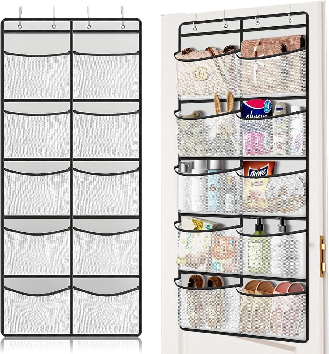 Organizer na drzwi z 10 kieszeniami z siatki – wiszący organizer z 4 haczykami – wiszące półki 54,5 x 126 cm do sypialni, salonu, łazienki