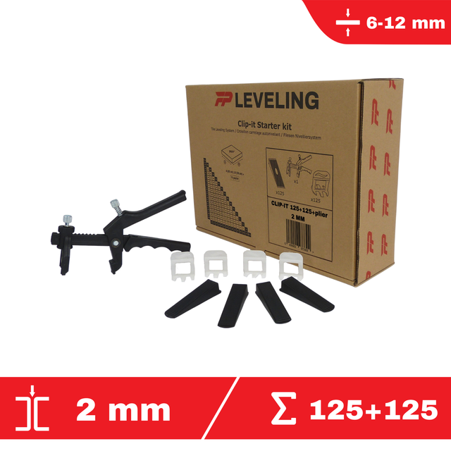 125 croisillons à cale autonivelants 2mm + 125 cales + 1 pince à niveler - FLAT-PRO starter kit - système de nivellement de carrelage