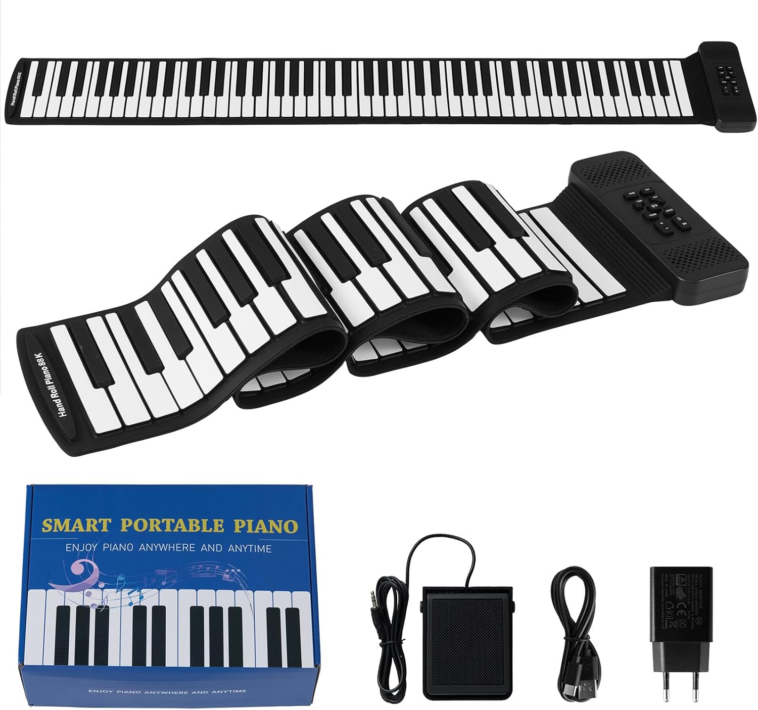 88-Klawiszowe Pianino Zwijane, Składane i Przenośne Pianino Cyfrowe z 128 Brzmieniami, 128 Rytmami, 14 Demo, Złączem MP3/USB/MIDI, Bezprzewodową