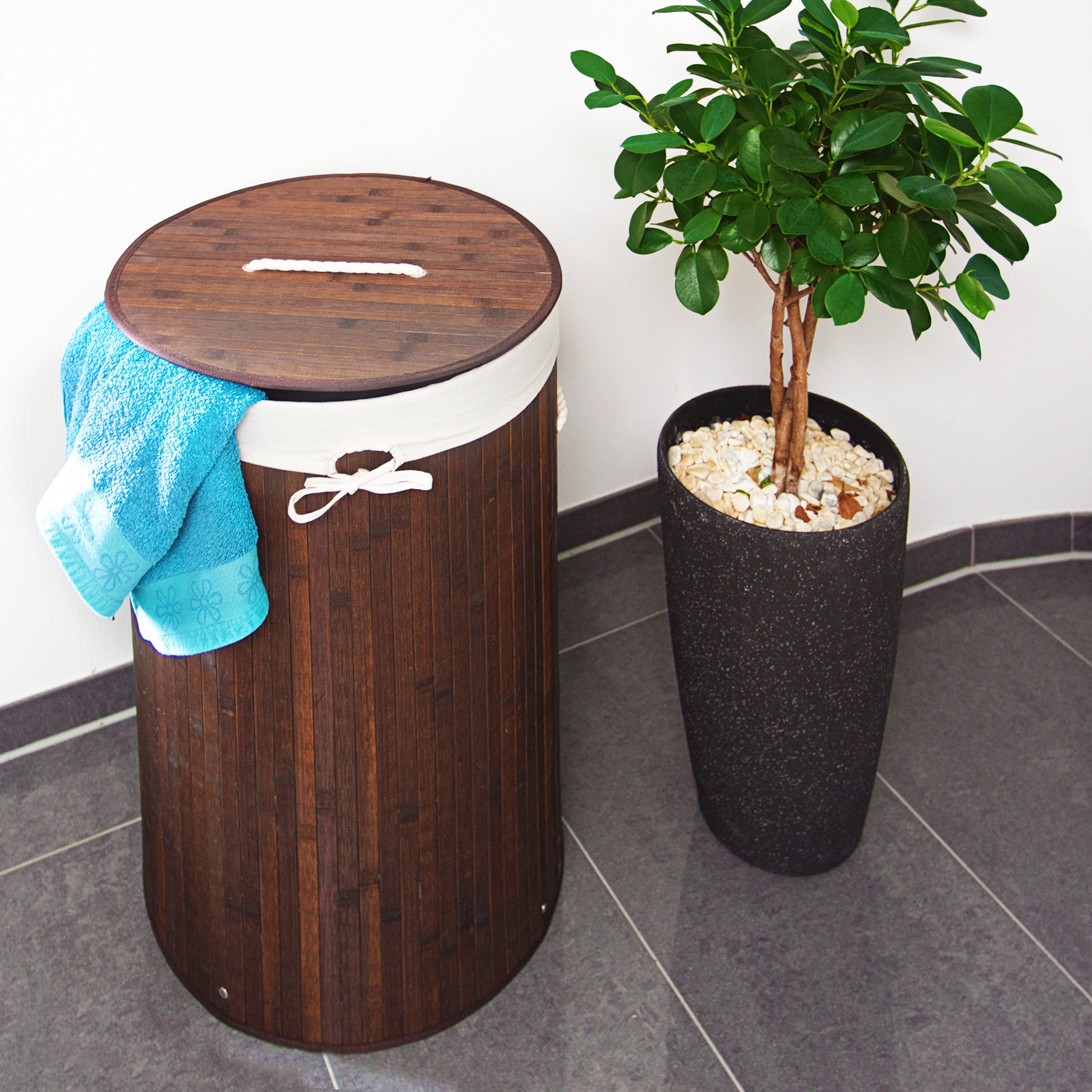 Panier à linge bambou, lot de 2, corbeille linge pliante, 80 L, sac intérieur coton, marron - blanc - 2