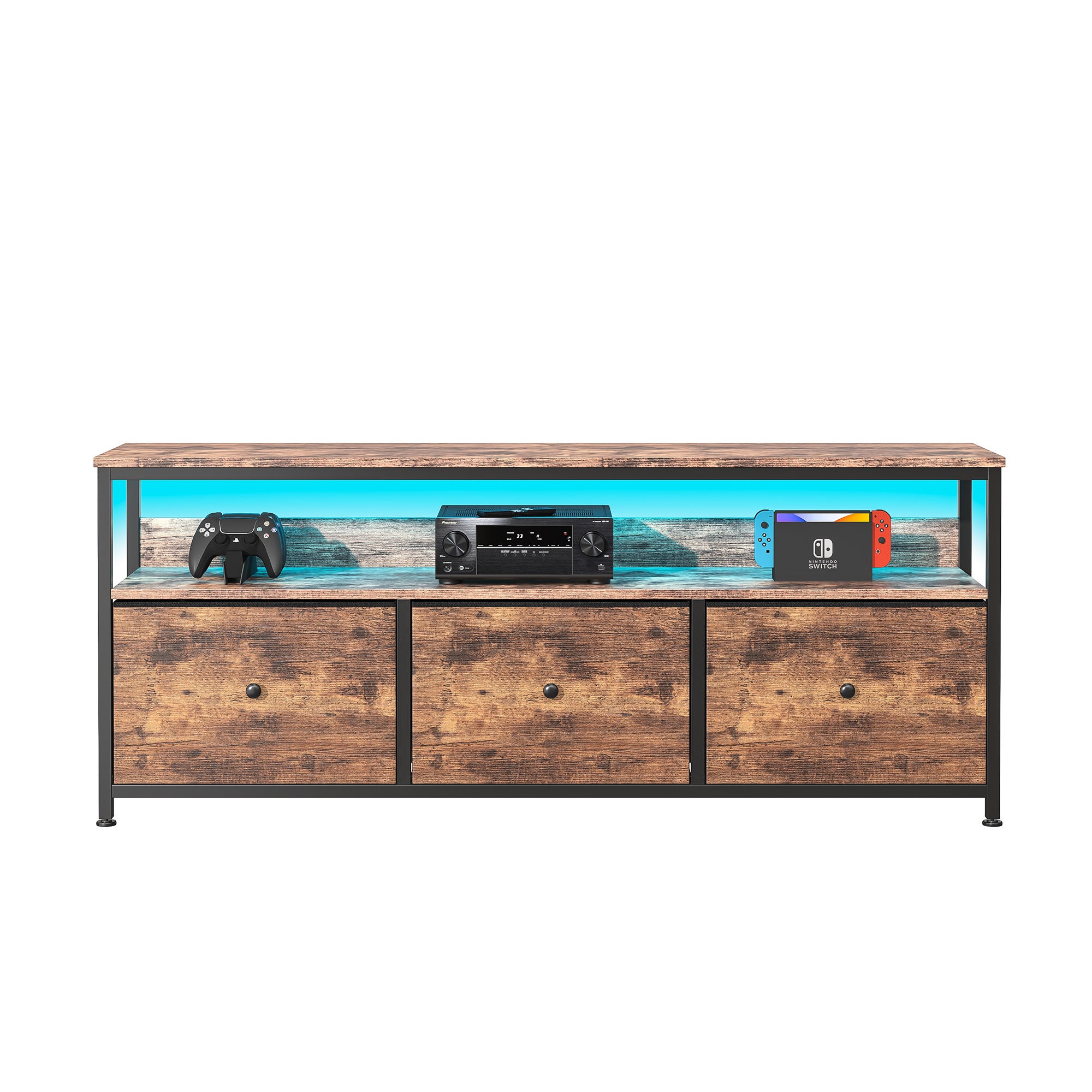 Meuble TV de 108 cm avec éclairage LED, équipé de 3 tiroirs et d'une étagère ouverte, pour le salon ou la chambre, couleur marron - 8