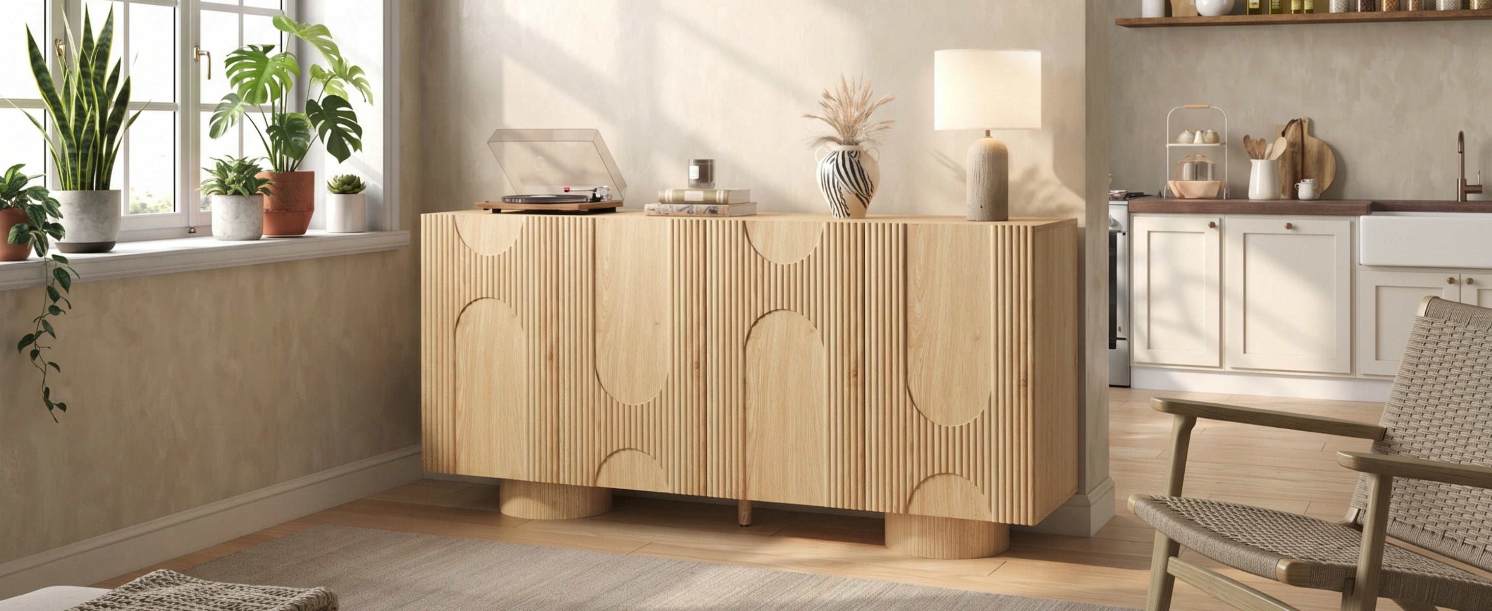 Komoda niska z 4 drzwiami i regulowanymi półkami - MDF + Bambus + Sosna - 160 × 38,5 × 76 cm - Drewno naturalne - 7