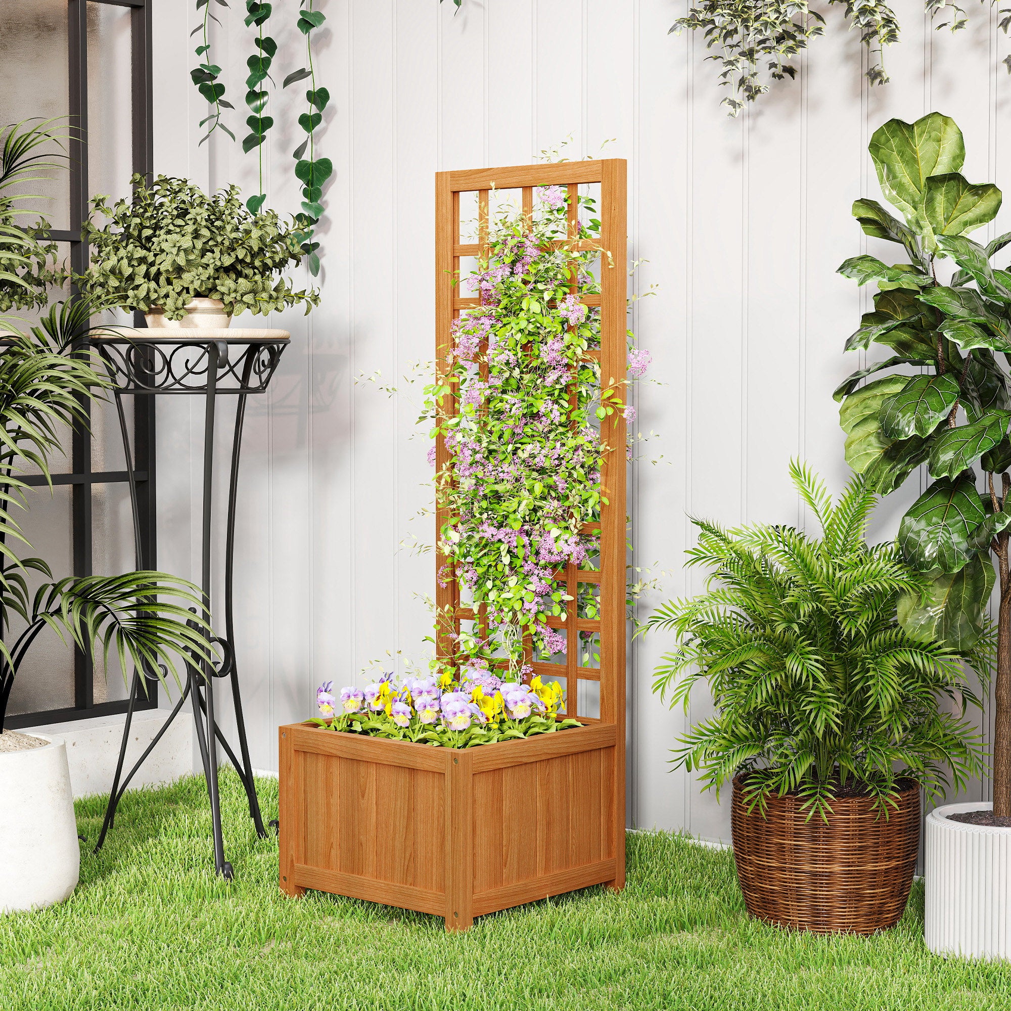 Outsunny Fioriera con Traliccio per Rampicanti con Foro di Drenaggio e Fodera, in Legno, 40x40x120 cm, Marrone - 2