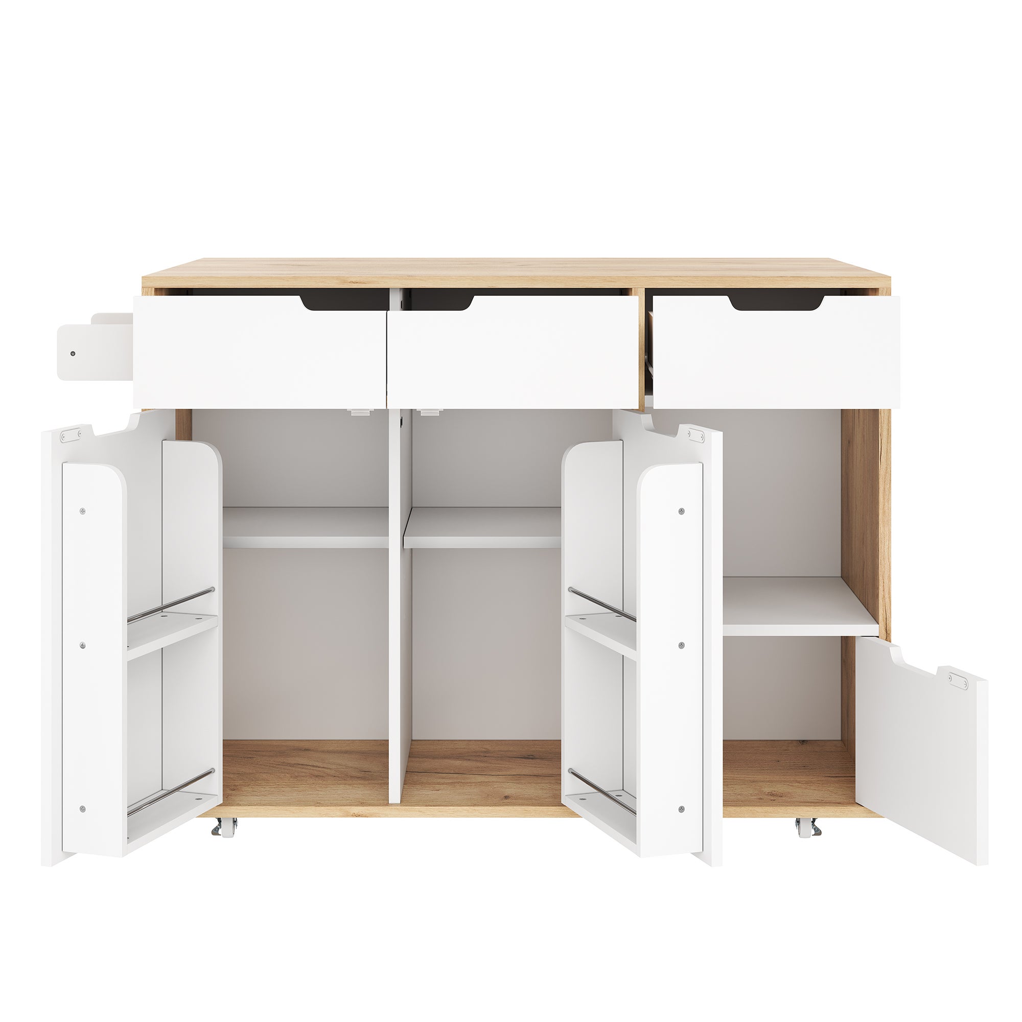 Mueble de almacenaje con ruedas, 120x46x85 cm, cajones y puertas, compartimentos abiertos, blanco y efecto madera - 5