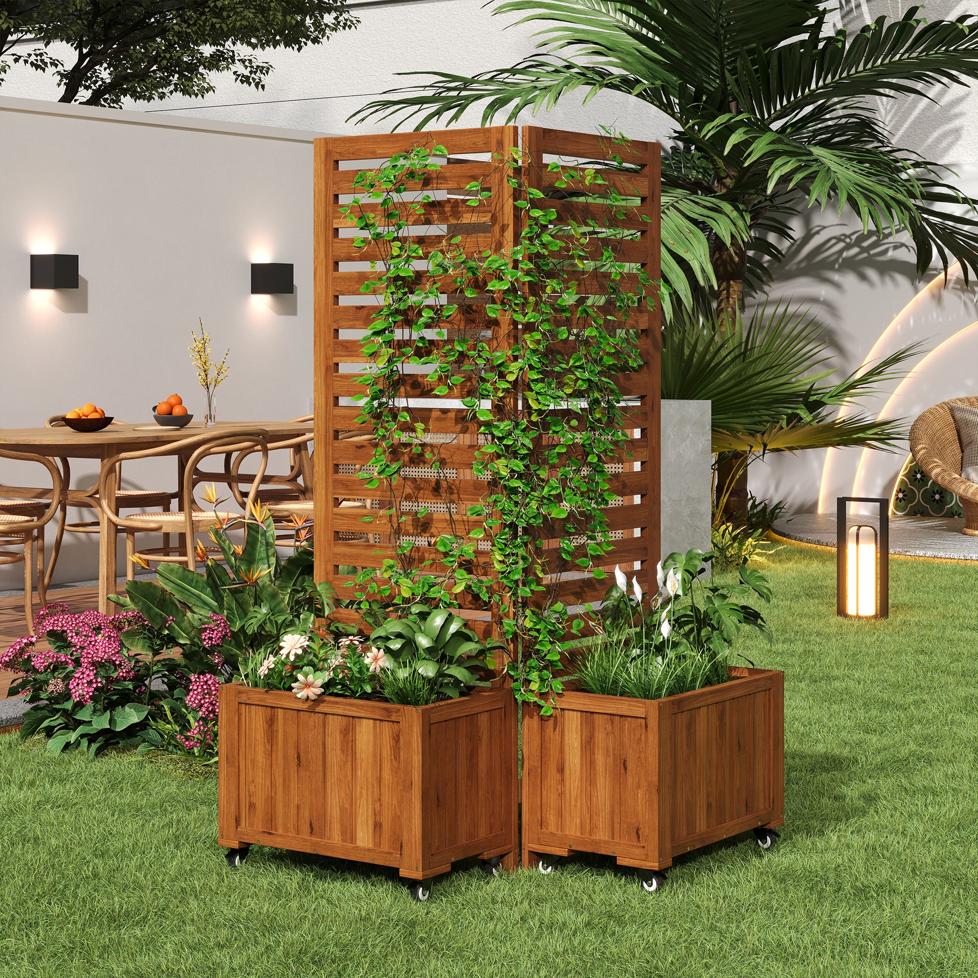 Lot de 2 Jardinière convertible avec Treillis et roulettes en bois massif - 102 x 32 x 150 cm - Marron - 5