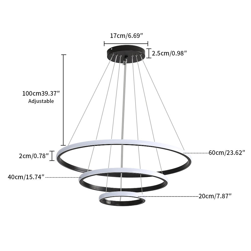 GOECO Suspension Luminaire - Lustre LED Moderne pour Salon Salle à Manger - Lumière Variable 3000K/4000K/6500K, Hauteur Réglable - Noir - Ø.20+40+60cm - 5