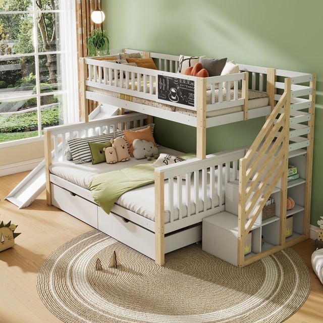 Lits superposés 140 x 200 cm + 90 x 200 cm - 2 tiroirs, toboggan, étagères de rangement - Bois massif - Blanc(sans matelas)