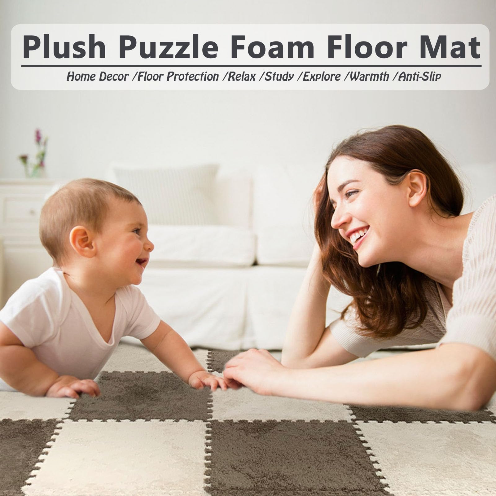 Tapis emboîtable en mousse souple à poils longs, 6 pièces, tapis antidérapants, carreaux de sol de protection, tapis de jeu d'exercice, blanc - 5