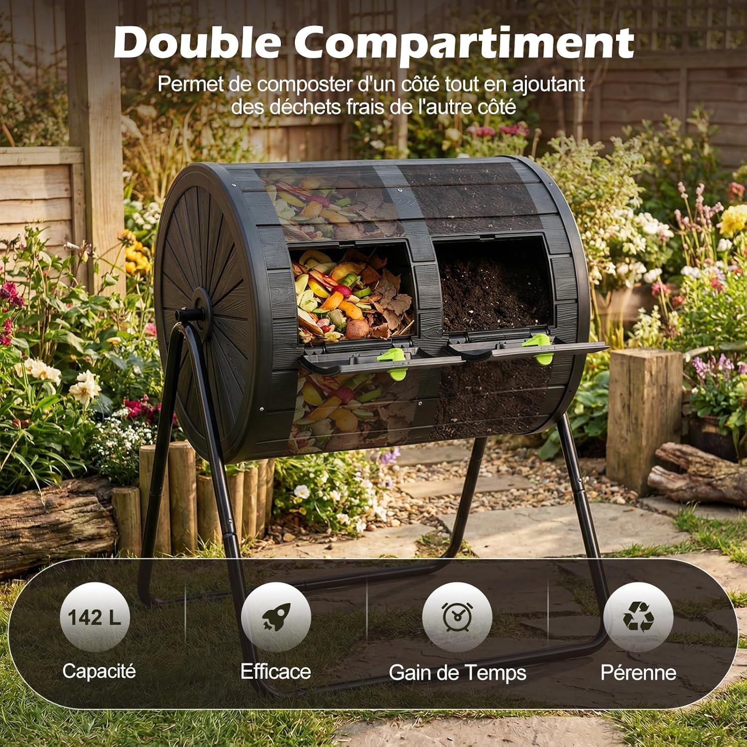 GIANTEX Composteur de Jardin 142 L à Double Chambre,Cadre en Métal Rotatif 360° ,2 Portes Verrouillables sans BPA,Déchets de Cuisine Jardin,Noir - 9