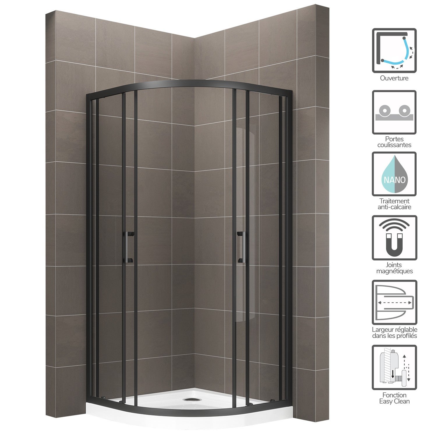 TIBYBLACK Cabine porte de douche coulissante H 190 cm 1/4 de cercle noir verre transparent 90 x 90 cm (sans receveur) - 2