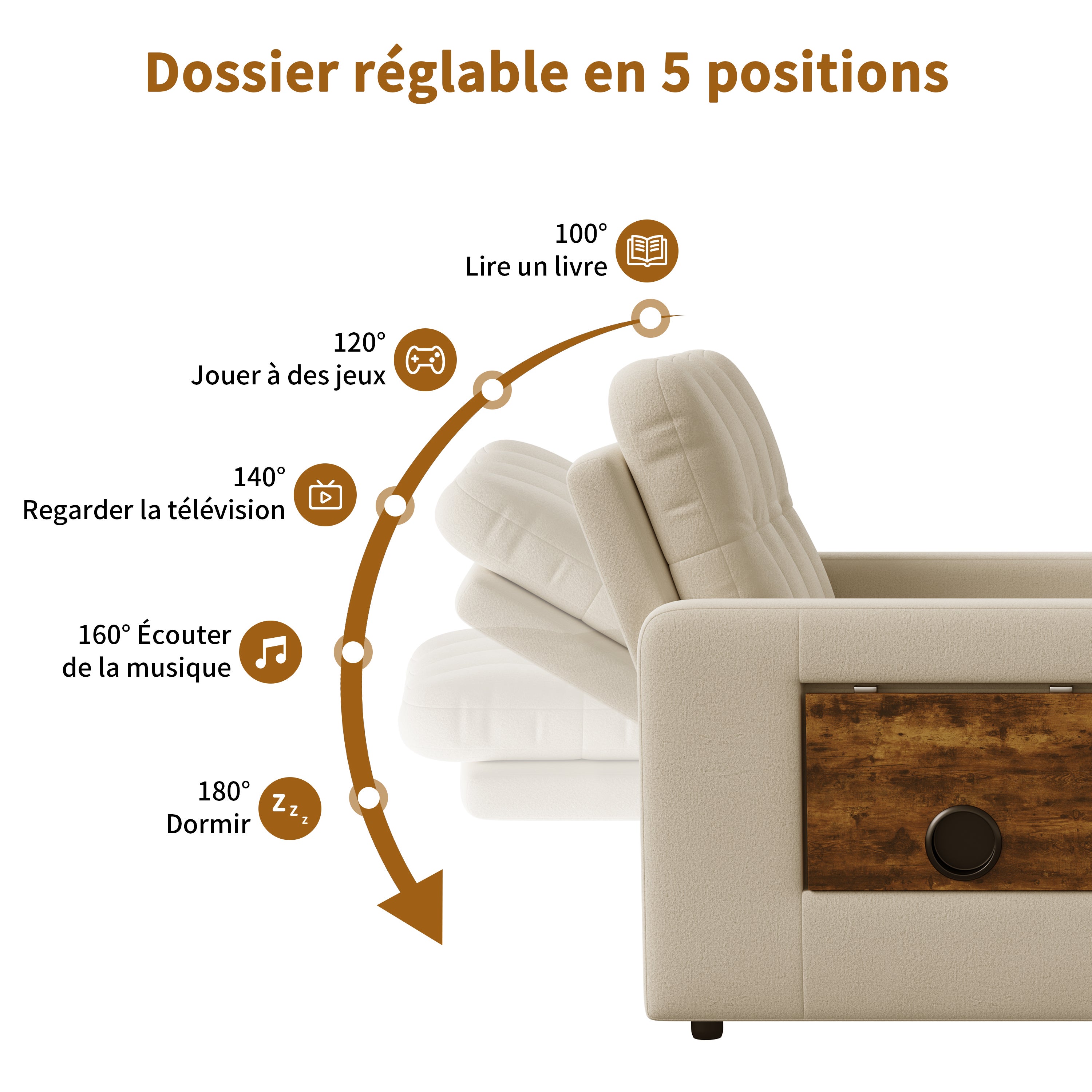 Canapé Lit Convertible 1 Place,3 en 1 Fauteuil Convertible Lit avec Table et Poches,Fauteuil Lit avec Dossier Réglable à 5 Positions,Beige(Chenille) - 4