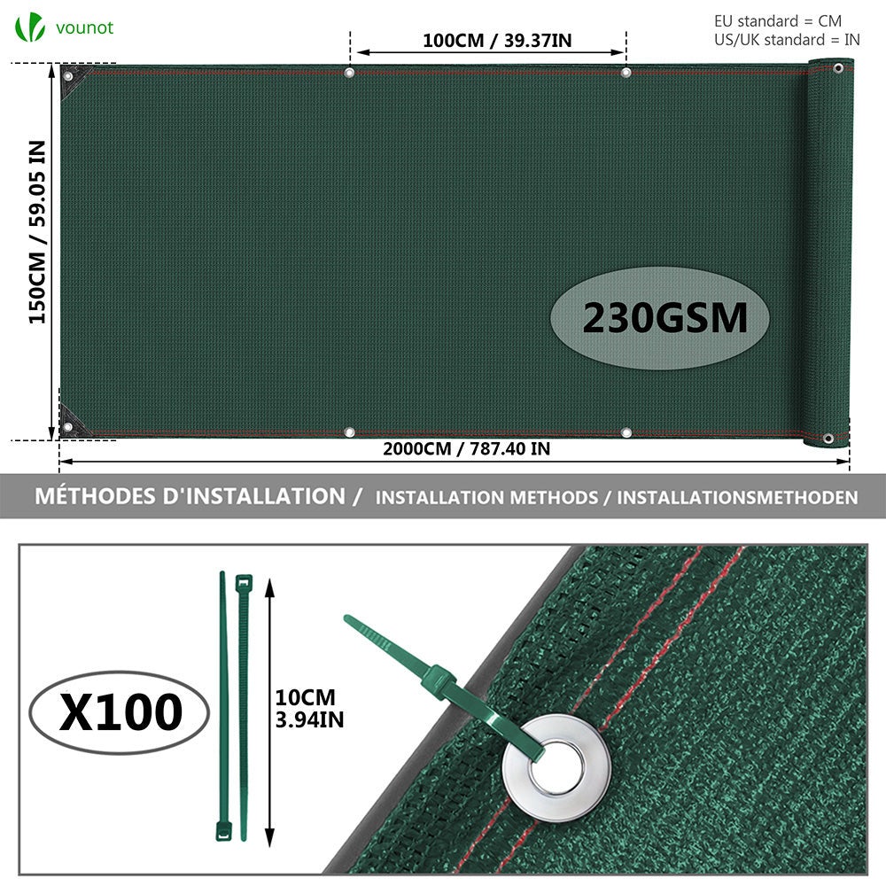 Brise vue occultant en HDPE 230g/m² 1.5x20m avec attaches de fixation vert VOUNOT® - 2