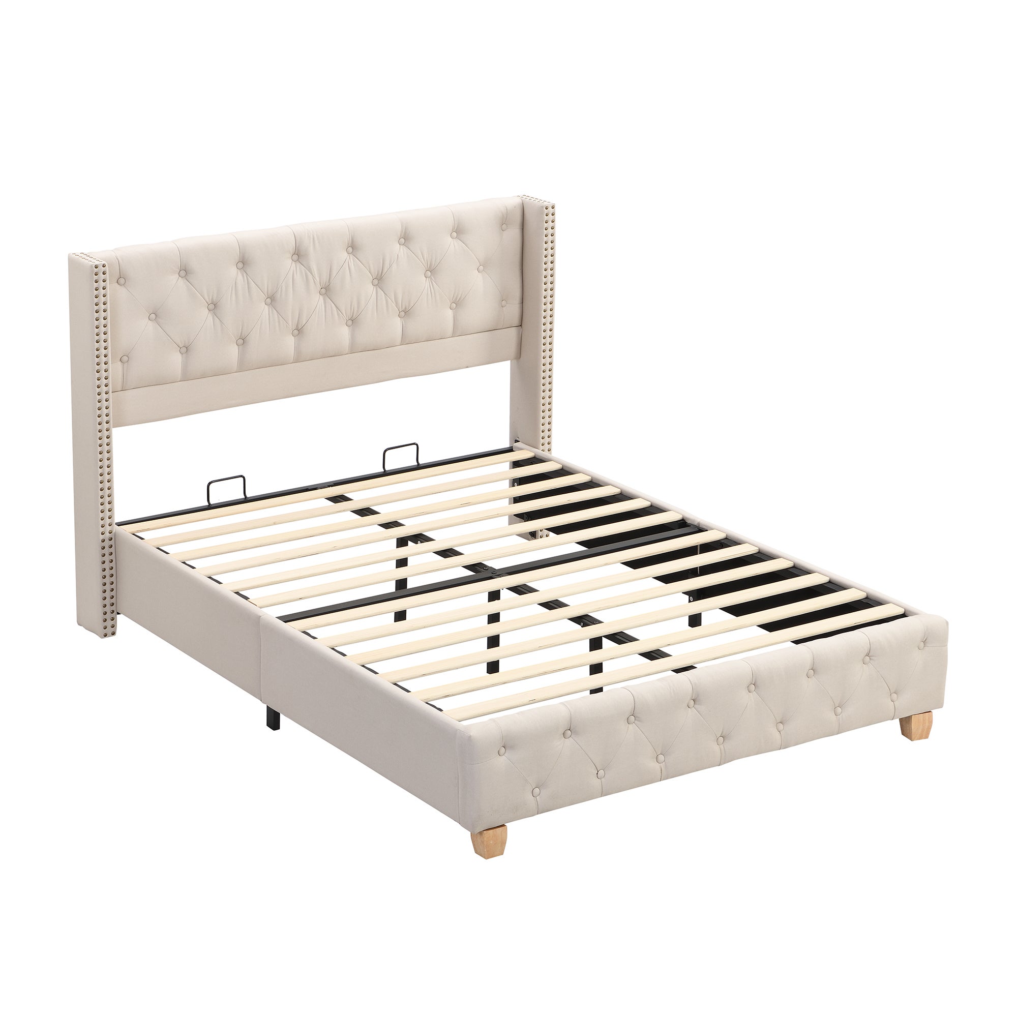 Lit Double 140x190cm Lit 2 Personnes Avec Sommier à Lattes Et TêTe De Lit Coussin à Boutons Pieds En Bois Lin, Beige - 5